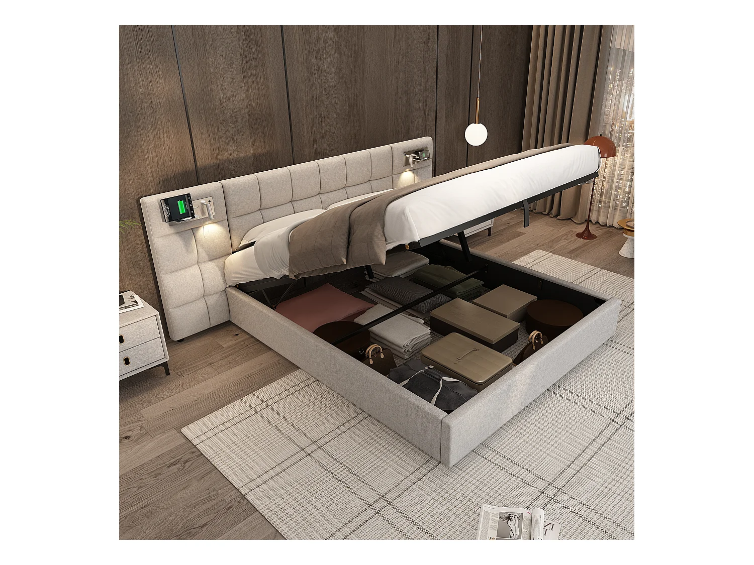 Lit coffre adulte 180x200 cm avec 2 lampes de lecture et USB type-C, en lin gris, sans matelas