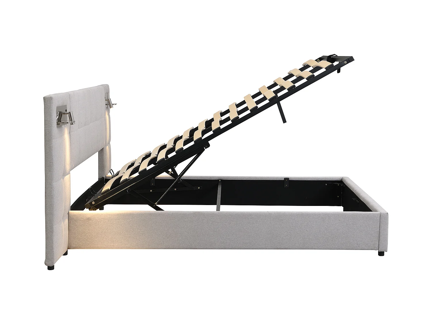 Lit coffre adulte 180x200 cm avec 2 lampes de lecture et USB type-C, en lin gris, sans matelas
