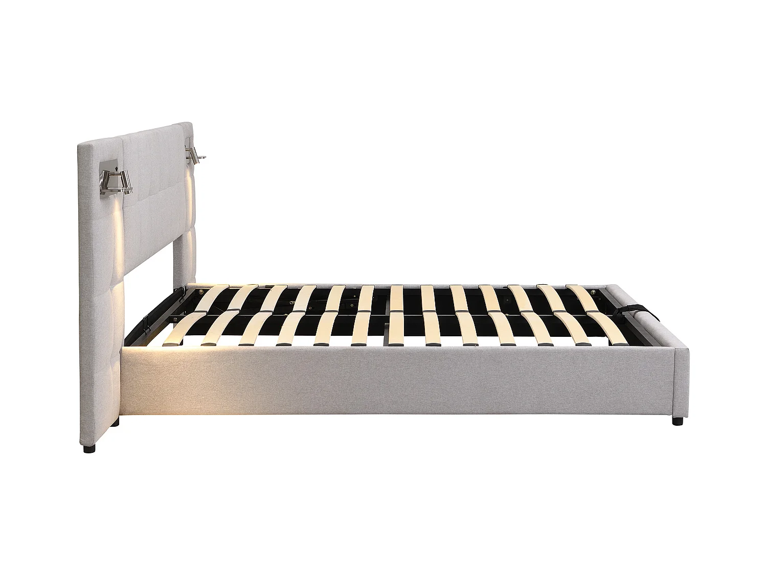 Lit coffre adulte 180x200 cm avec 2 lampes de lecture et USB type-C, en lin gris, sans matelas
