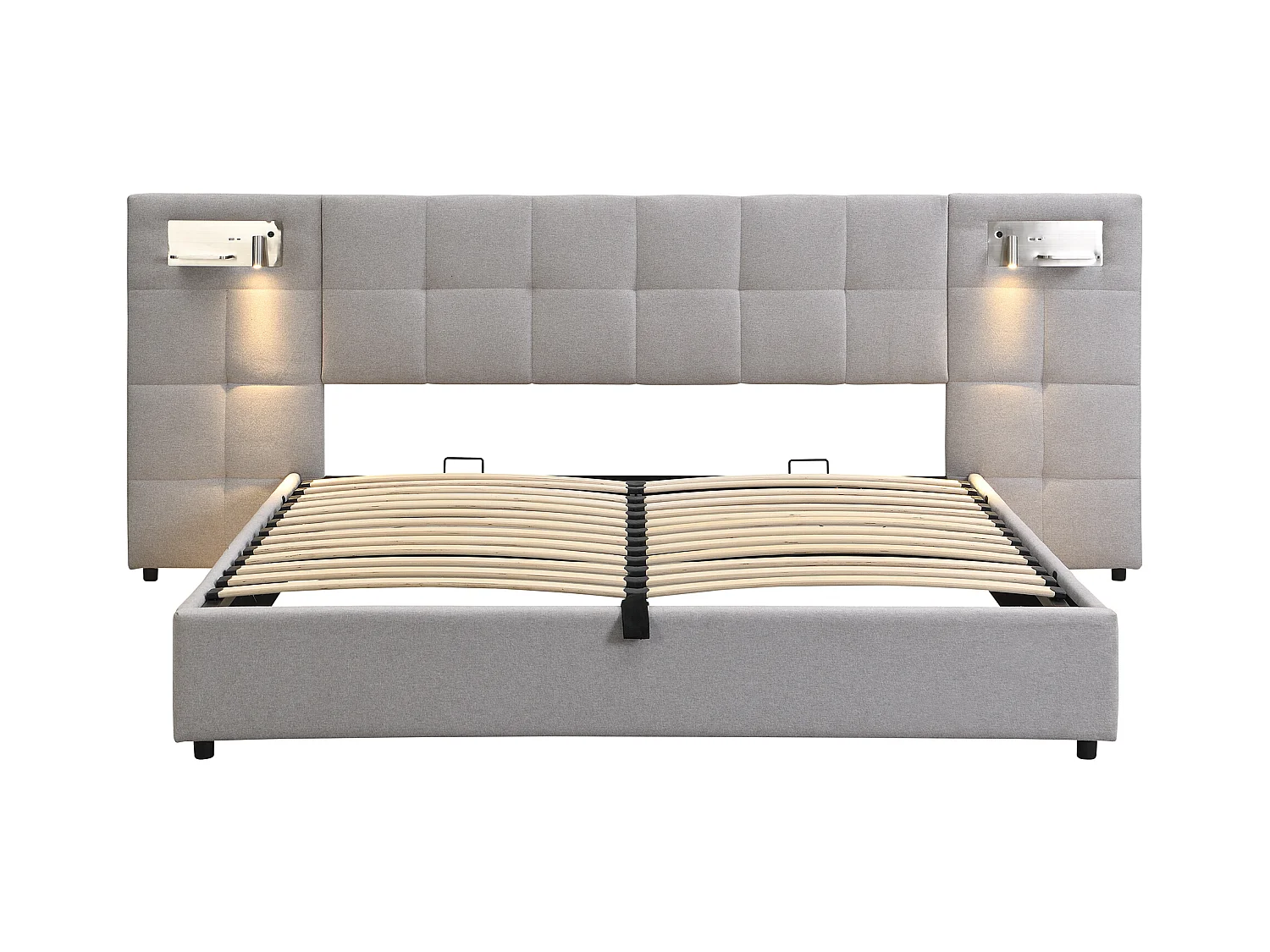 Lit coffre adulte 180x200 cm avec 2 lampes de lecture et USB type-C, en lin gris, sans matelas