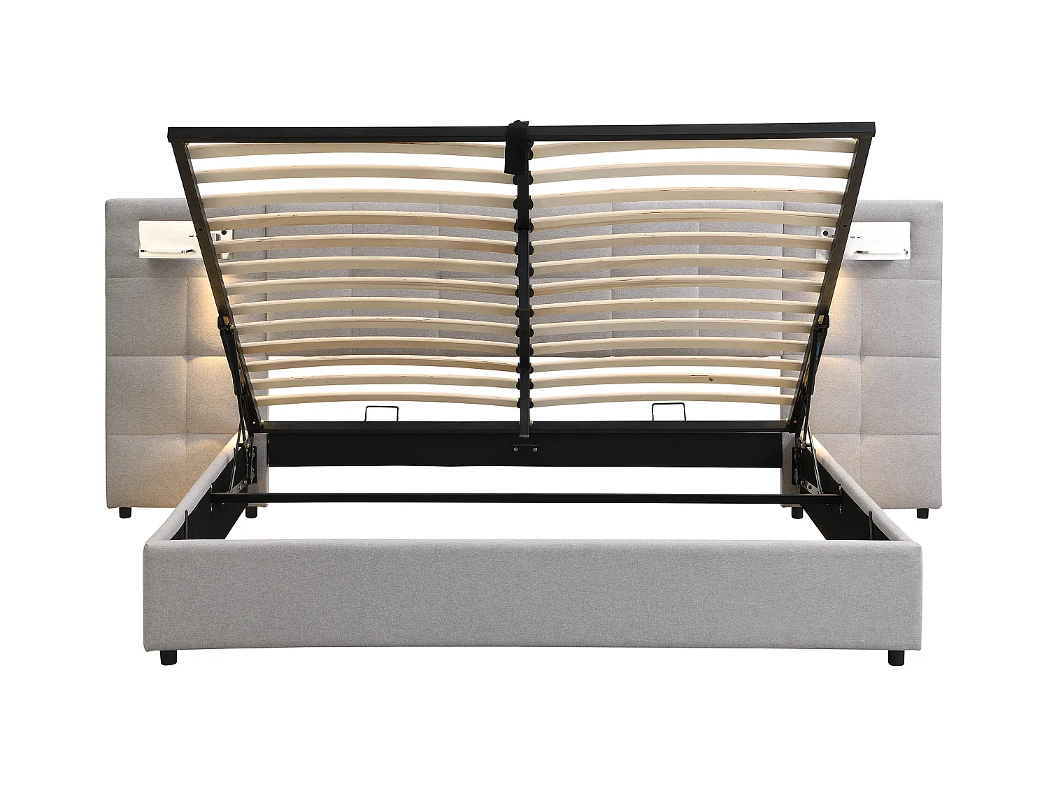 Lit coffre adulte 180x200 cm avec 2 lampes de lecture et USB type-C, en lin gris, sans matelas