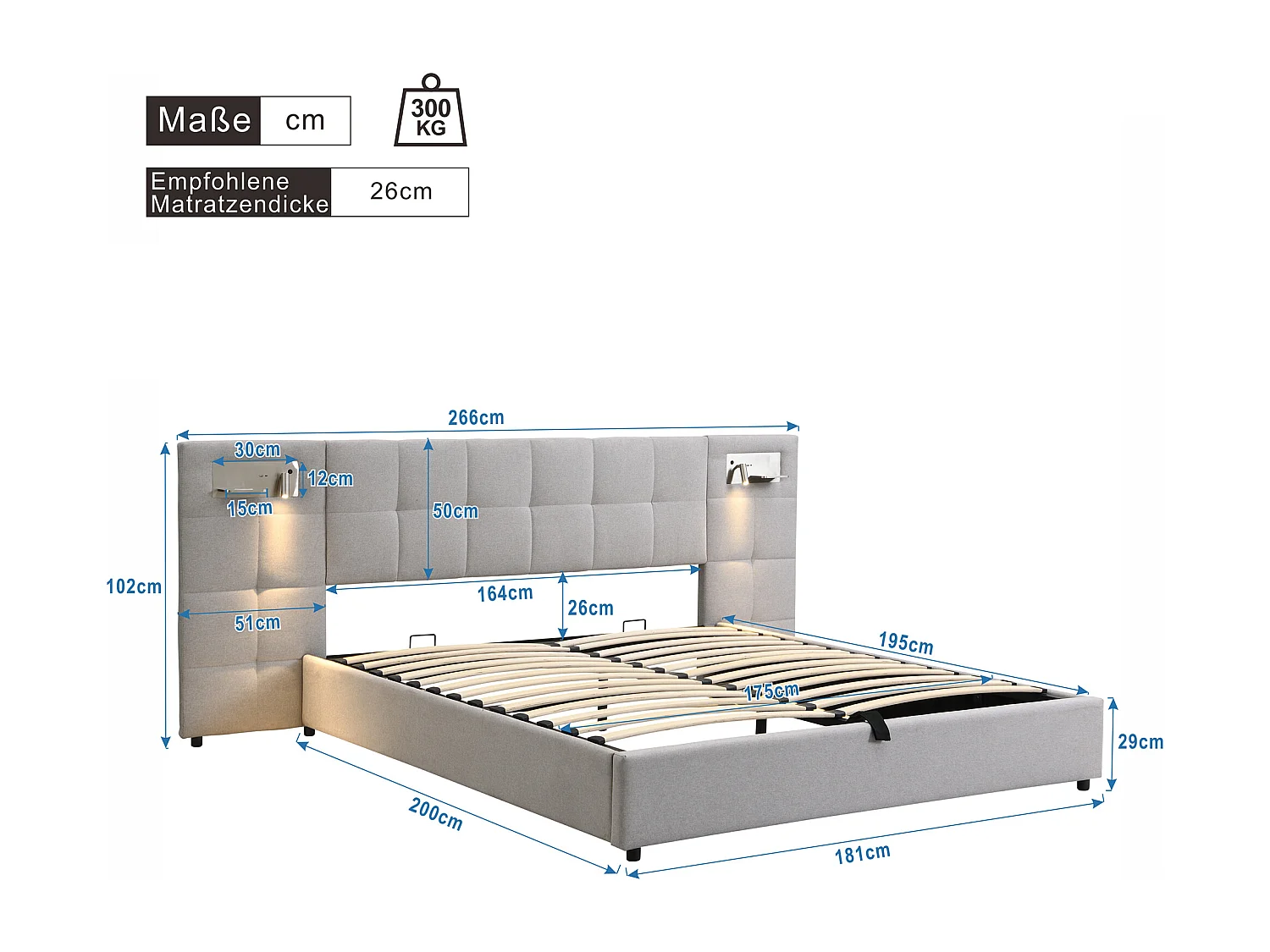 Lit coffre adulte 180x200 cm avec 2 lampes de lecture et USB type-C, en lin gris, sans matelas