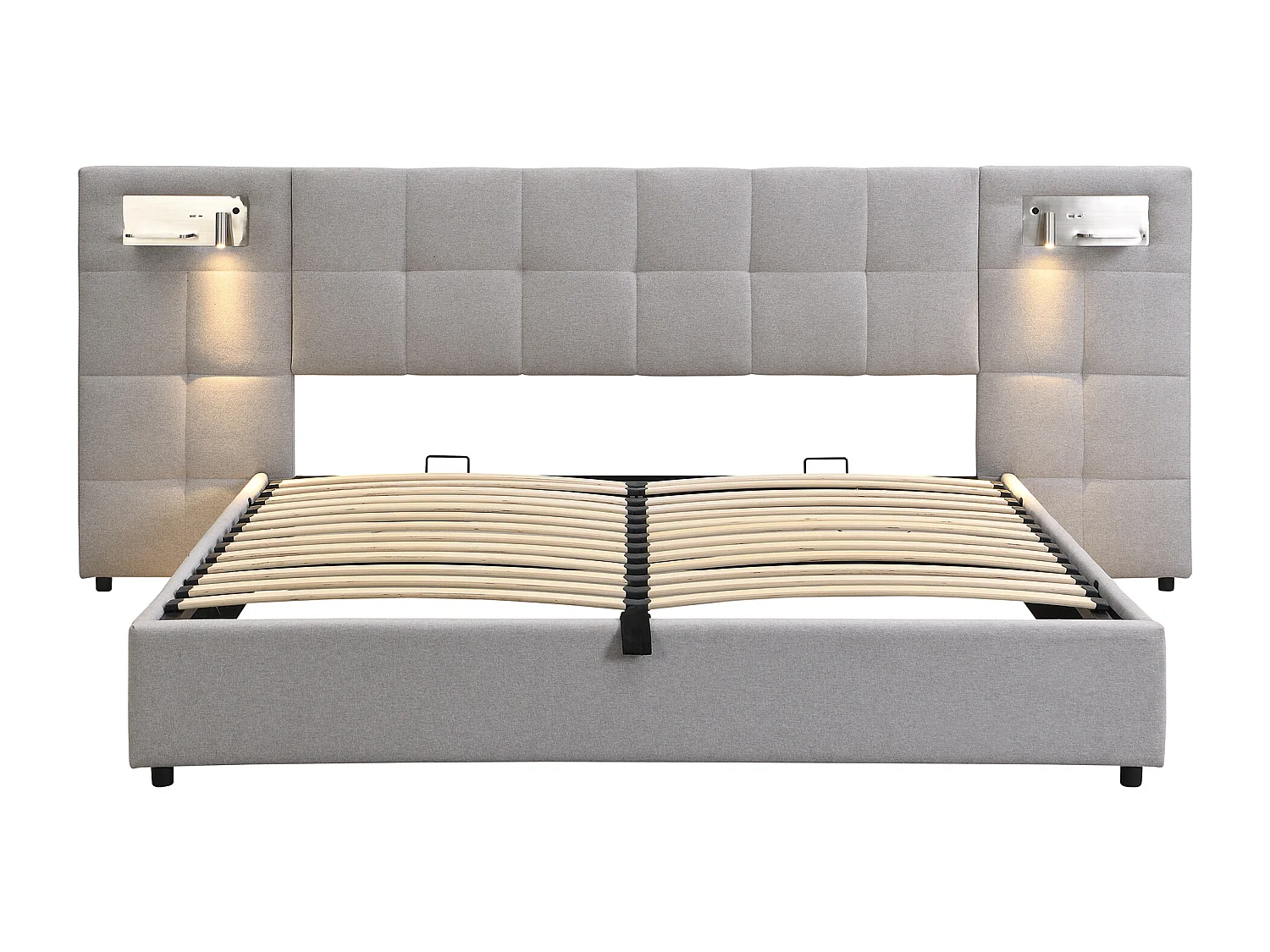 Lit coffre adulte 180x200 cm avec 2 lampes de lecture et USB type-C, en lin gris, sans matelas