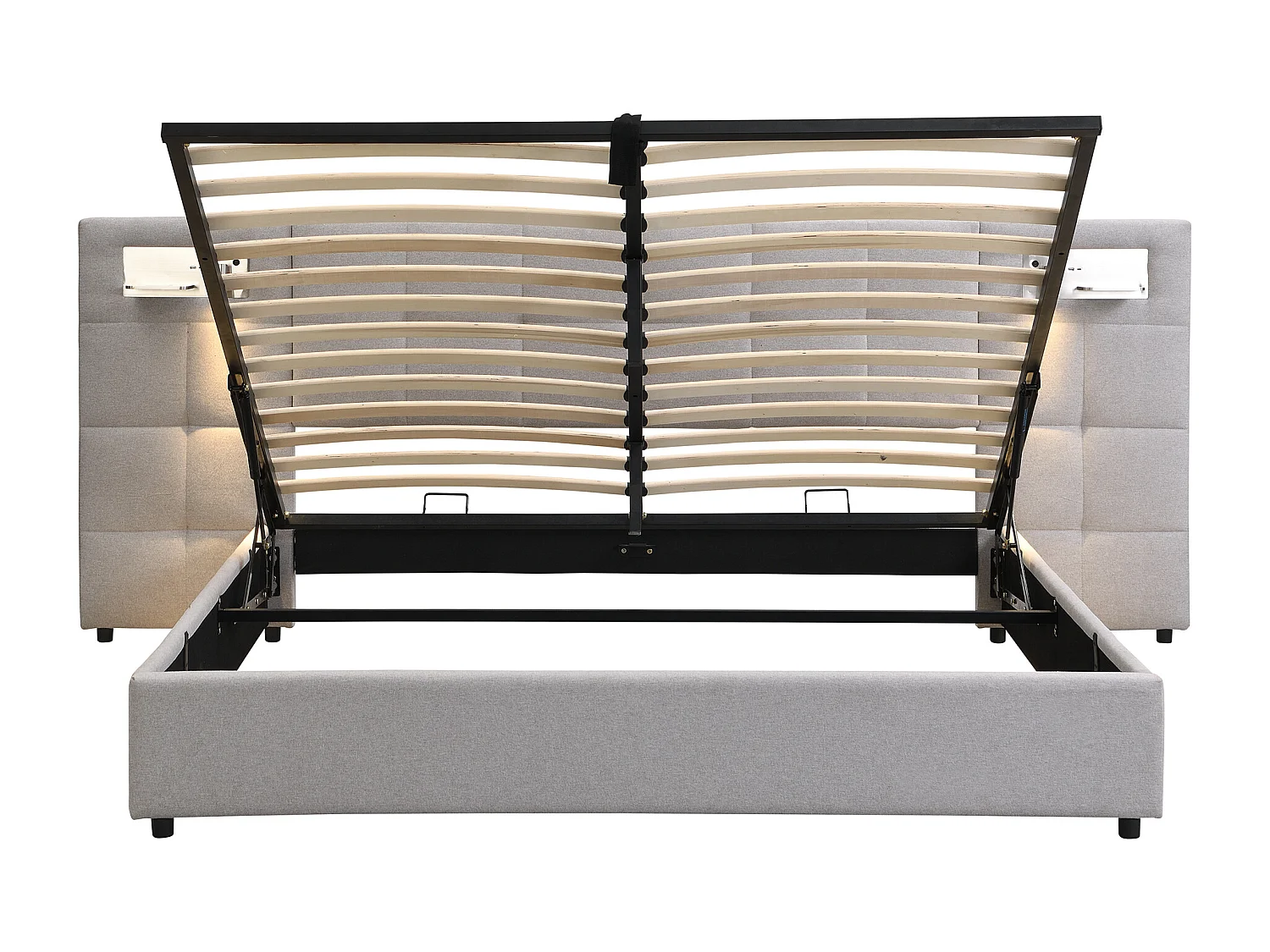Lit coffre adulte 180x200 cm avec 2 lampes de lecture et USB type-C, en lin gris, sans matelas