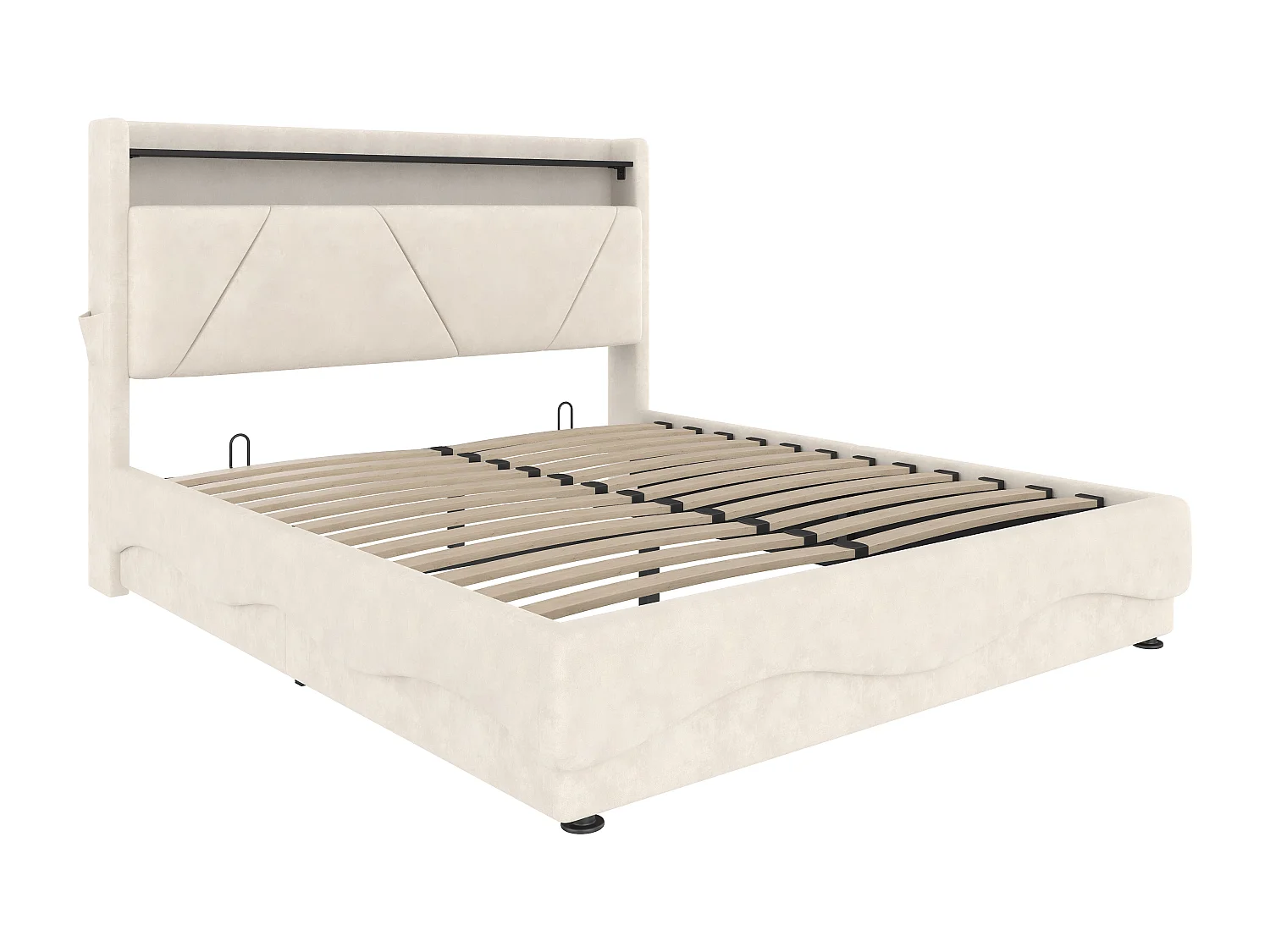 Opbergbed volwassenen 160x200 cm beige met USB-poort en LED, fluweel, lattenbodem, zonder matras