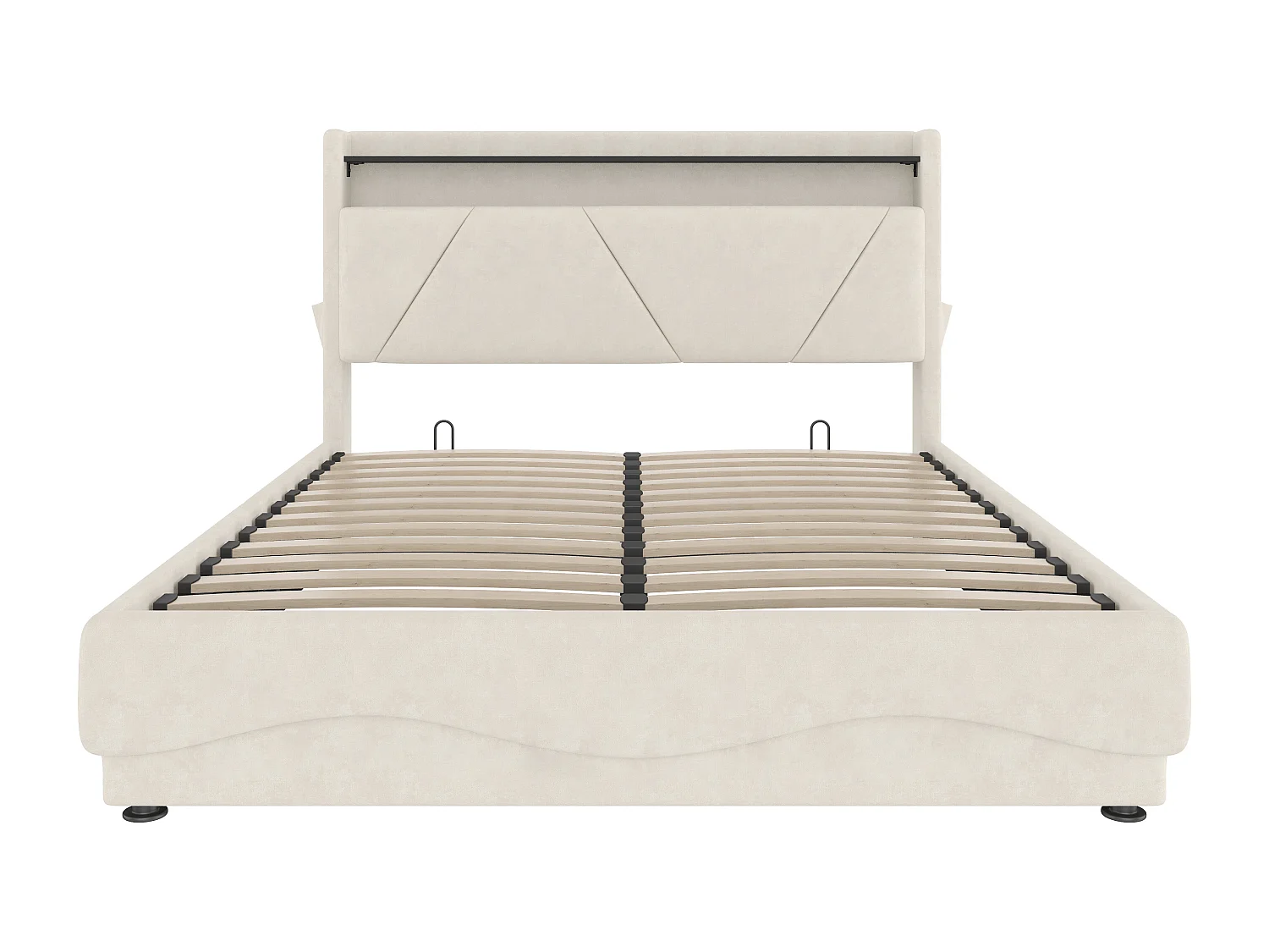 Opbergbed volwassenen 160x200 cm beige met USB-poort en LED, fluweel, lattenbodem, zonder matras