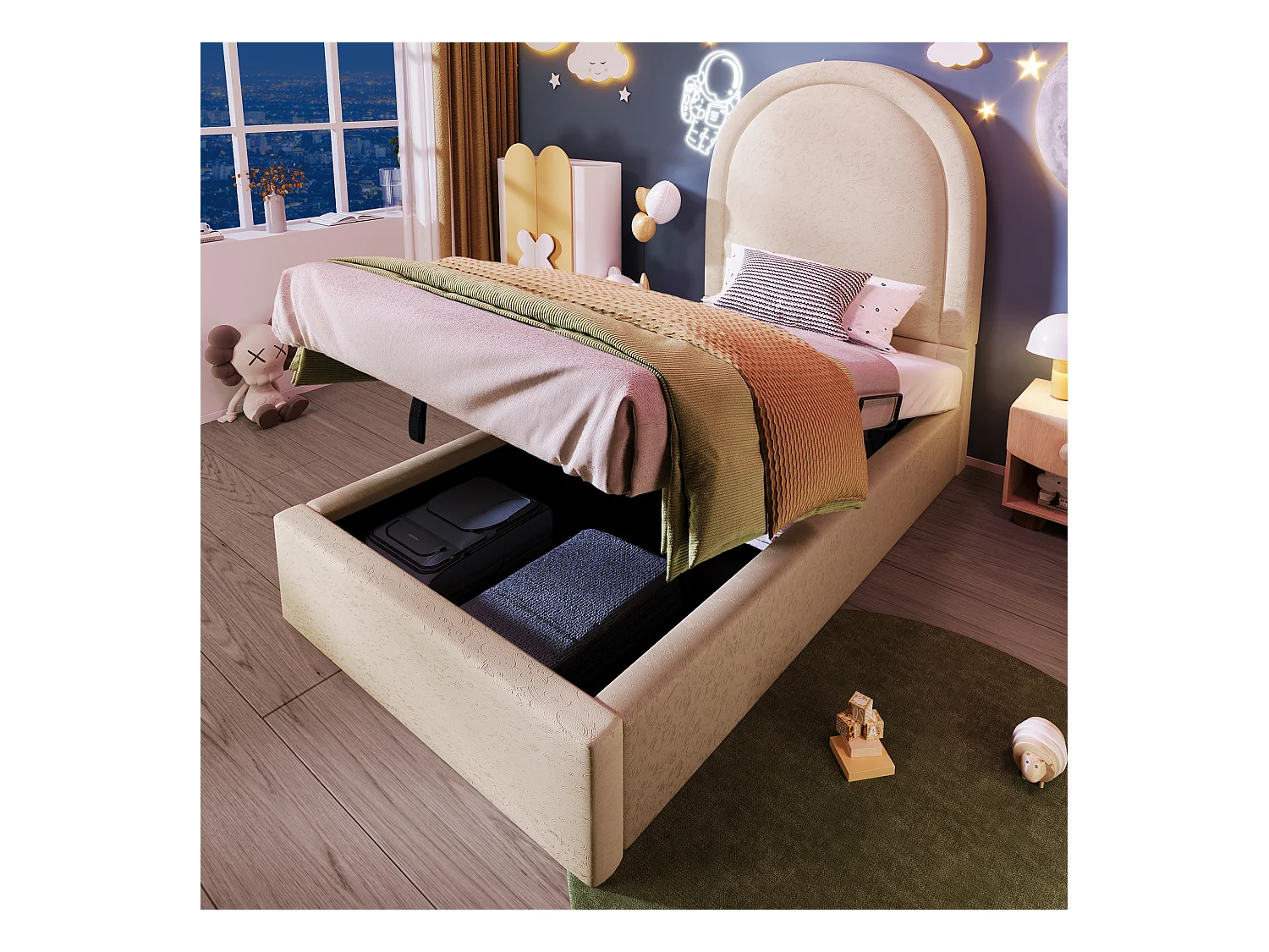 Lit coffre enfant 90x190cm avec Tête de lit en demi-cercle, PU beige, sans matelas