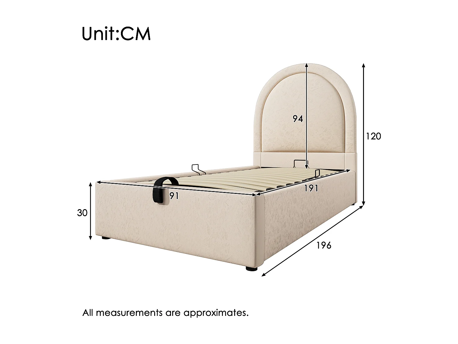 Lit coffre enfant 90x190cm avec Tête de lit en demi-cercle, PU beige, sans matelas