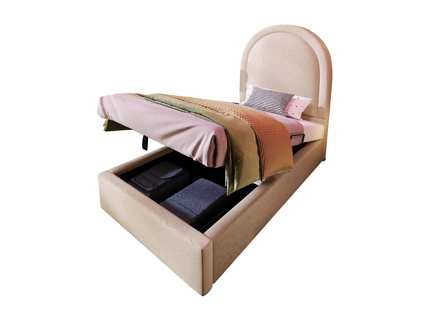 Lit coffre enfant 90x190cm avec Tête de lit en demi-cercle, PU beige, sans matelas