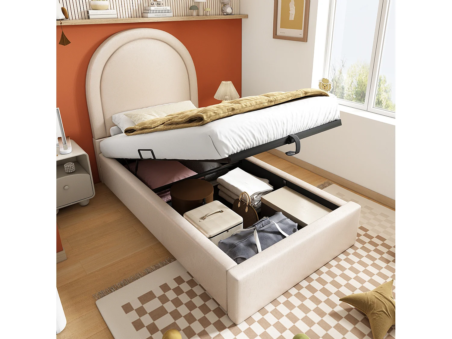 Lit coffre enfant 90x190cm avec Tête de lit en demi-cercle, PU beige, sans matelas