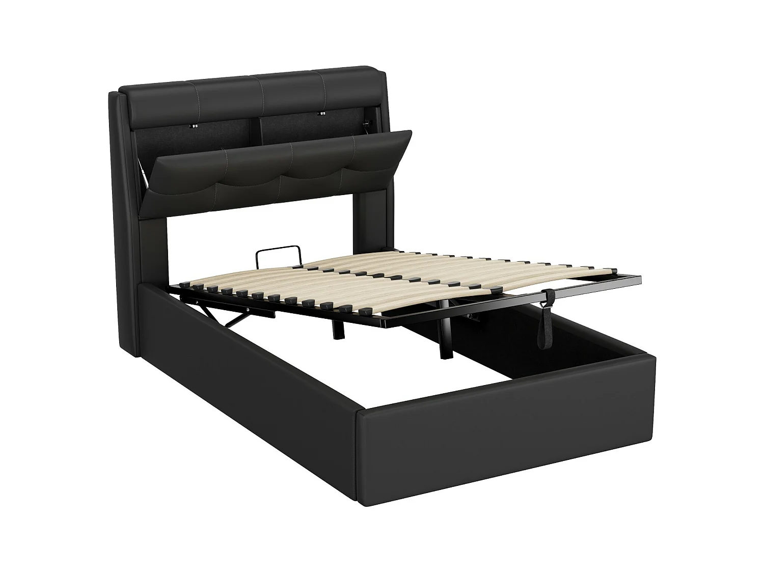 Lit coffre adulte 90x200cm, Tête de lit avec rangement, PU noir, sans matelas