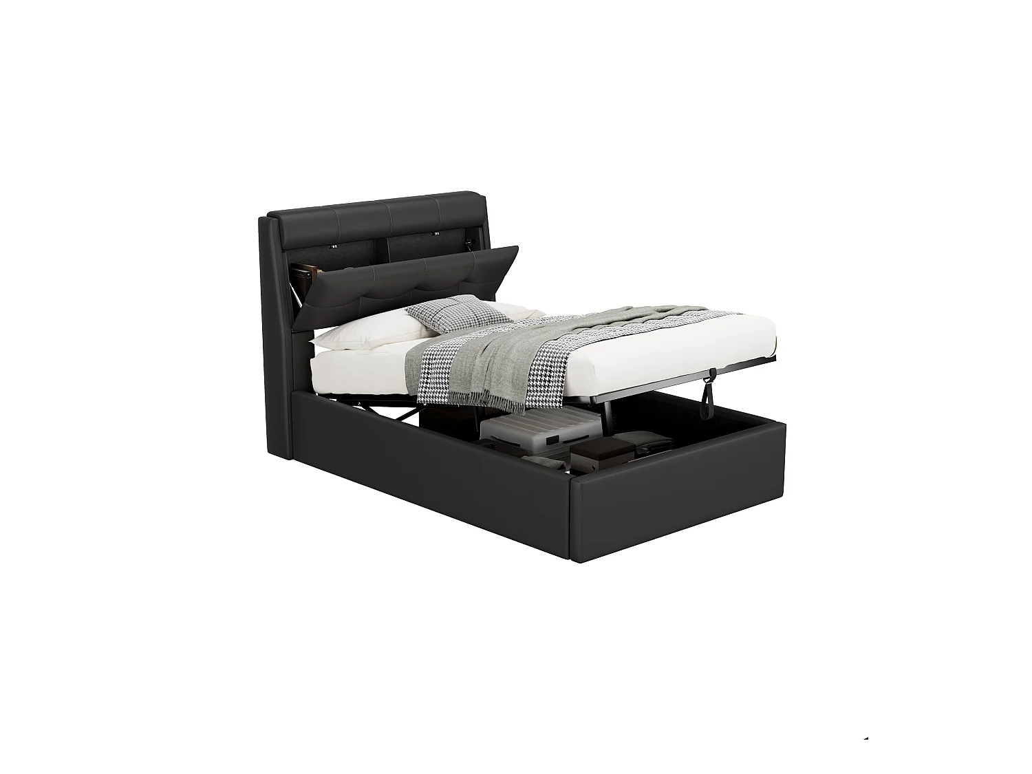 Lit coffre adulte 90x200cm, Tête de lit avec rangement, PU noir, sans matelas