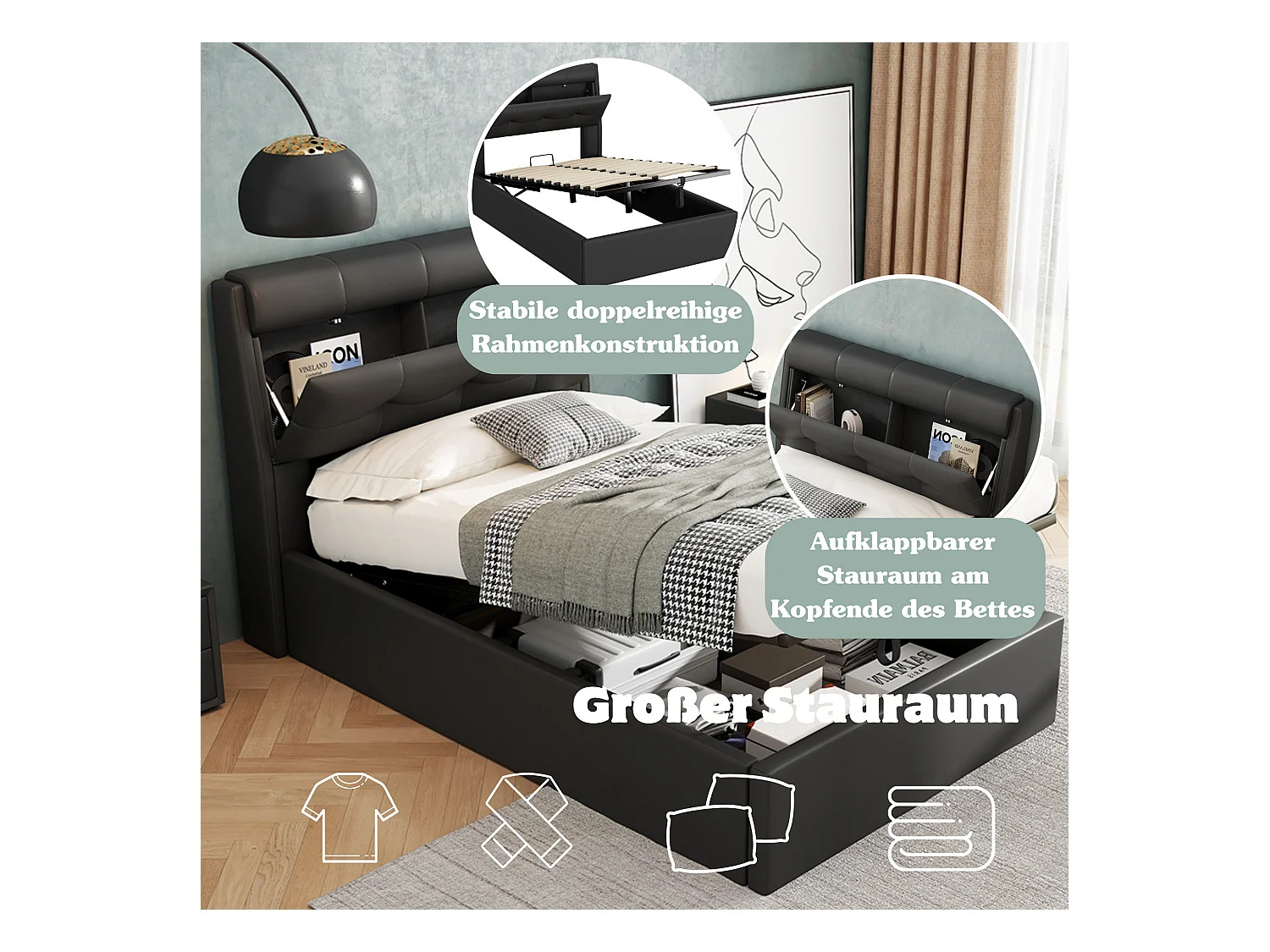 Lit coffre adulte 90x200cm, Tête de lit avec rangement, PU noir, sans matelas