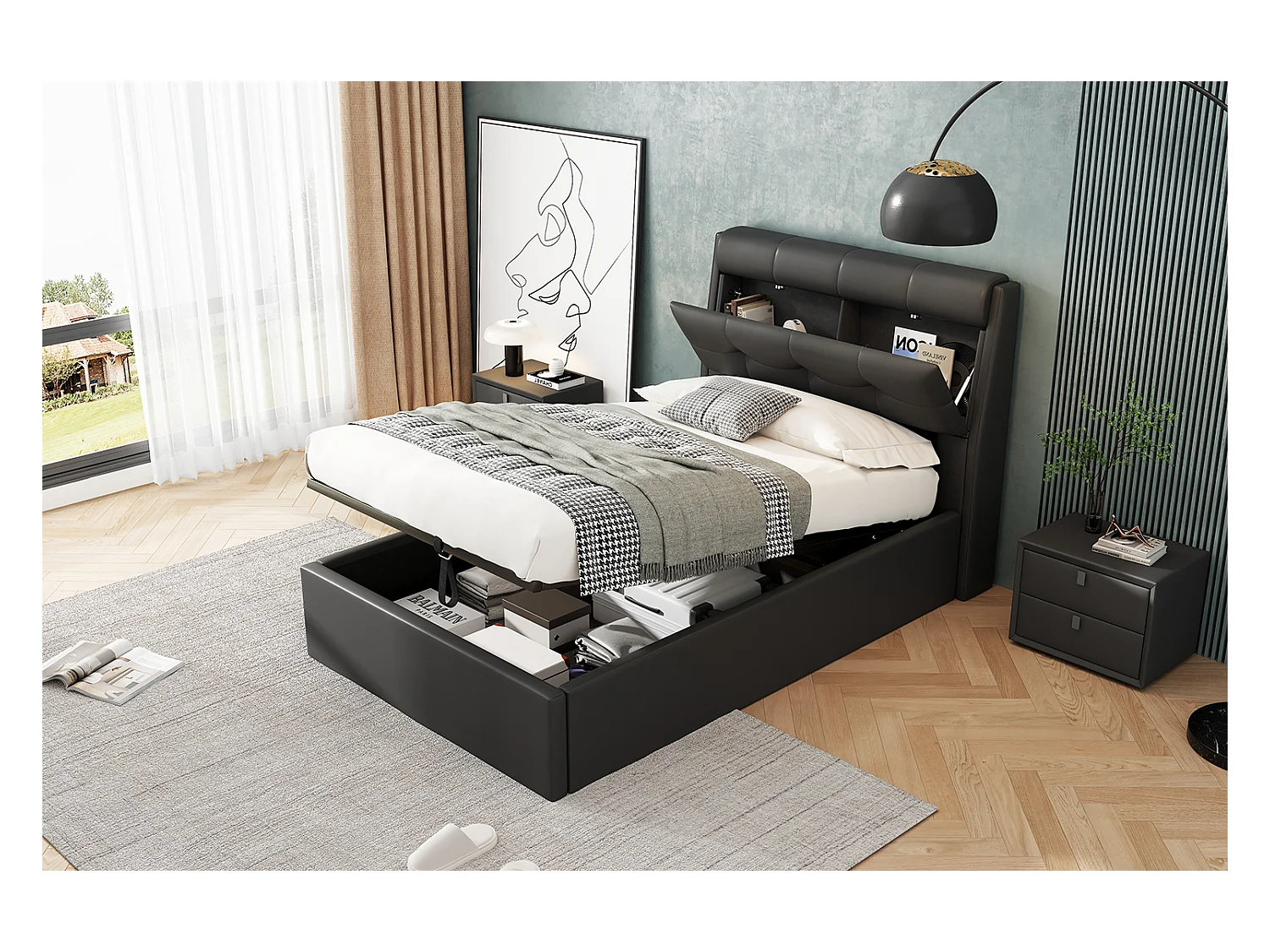 Lit coffre adulte 90x200cm, Tête de lit avec rangement, PU noir, sans matelas
