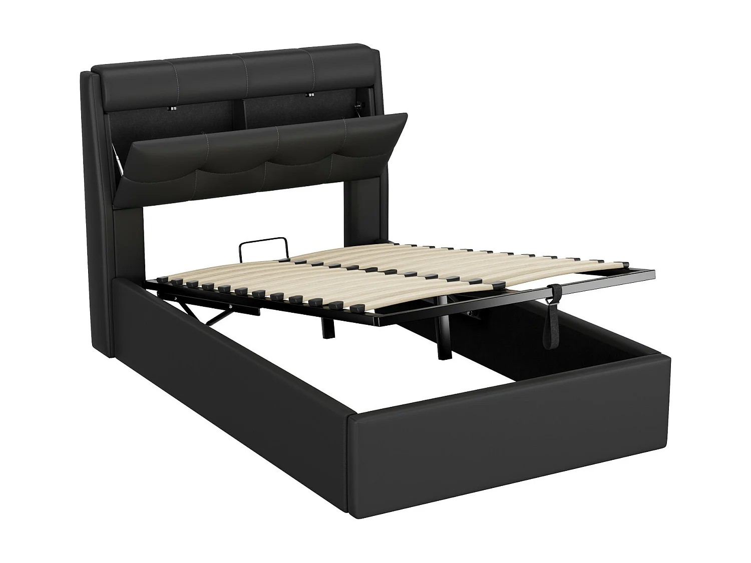 Opbergbed 90x200 cm met hoofdbord met opbergruimte, zwart kunstleer, zonder matras