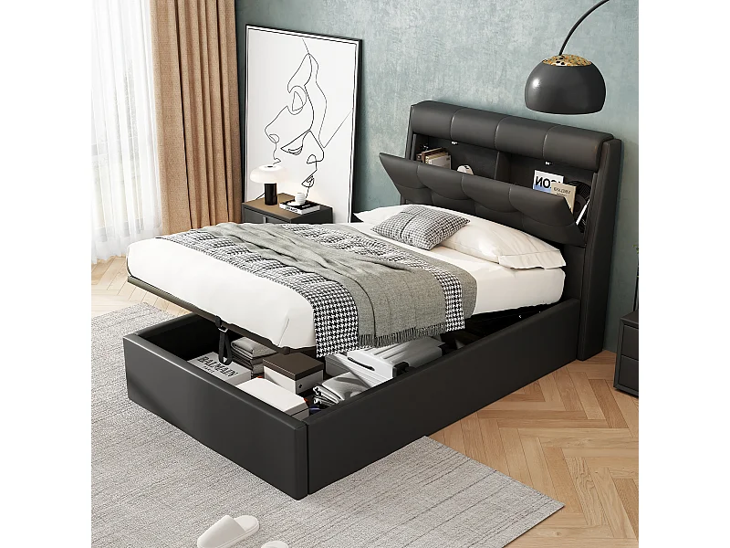 Cama com arrumação 90x200 cm e cabeceira com compartimento, pele sintética preta, sem colchão