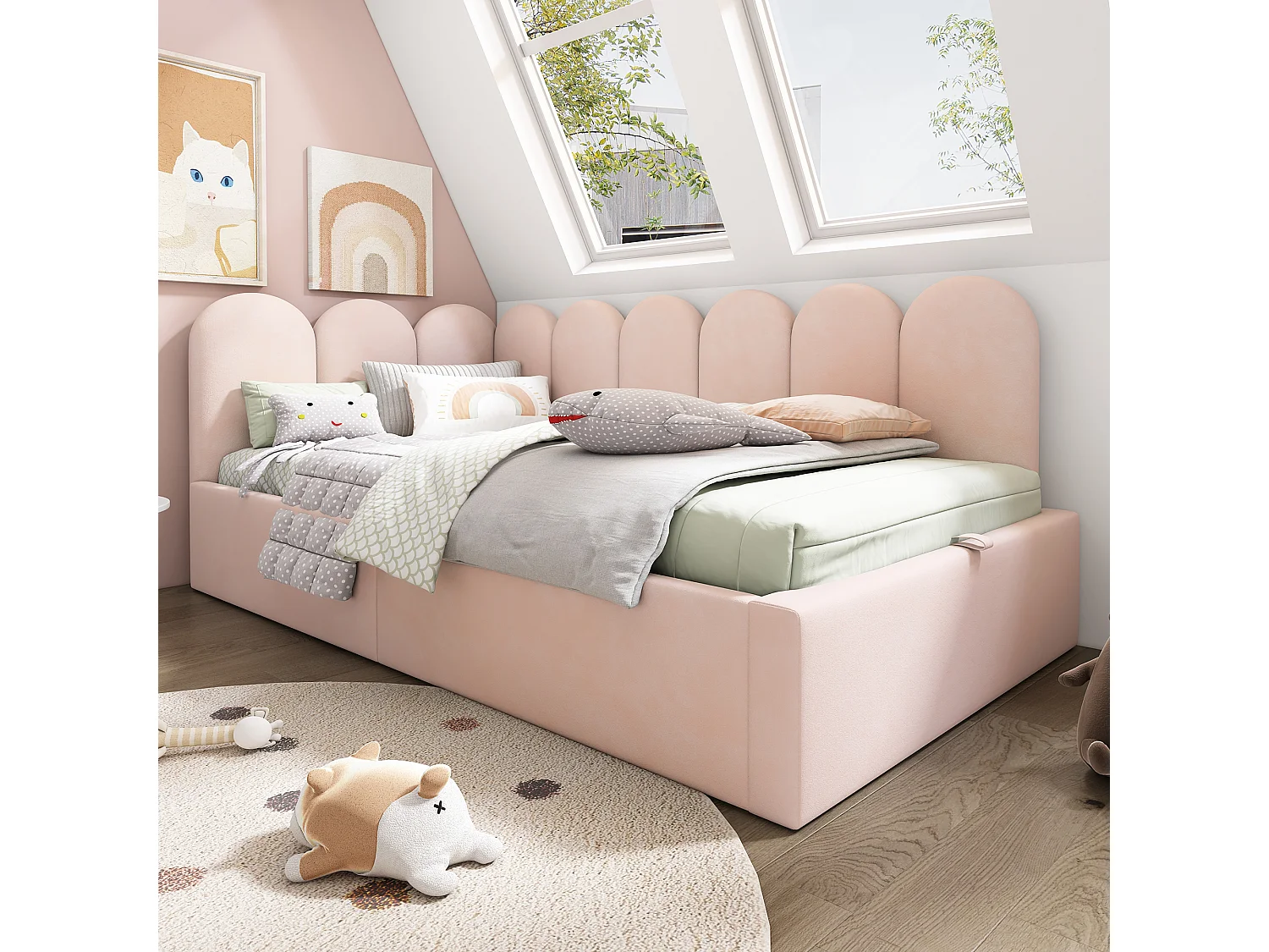 Lit coffre enfant 90x190cm, cadre en Métal, revêtement en velours rose, sans matelas
