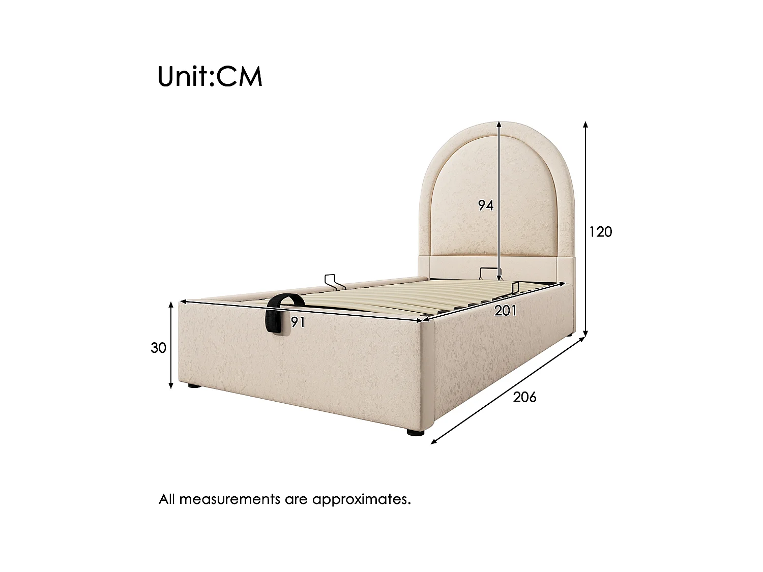 Lit coffre enfant 90x200cm avec Tête de lit en demi-cercle, PU beige, sans matelas