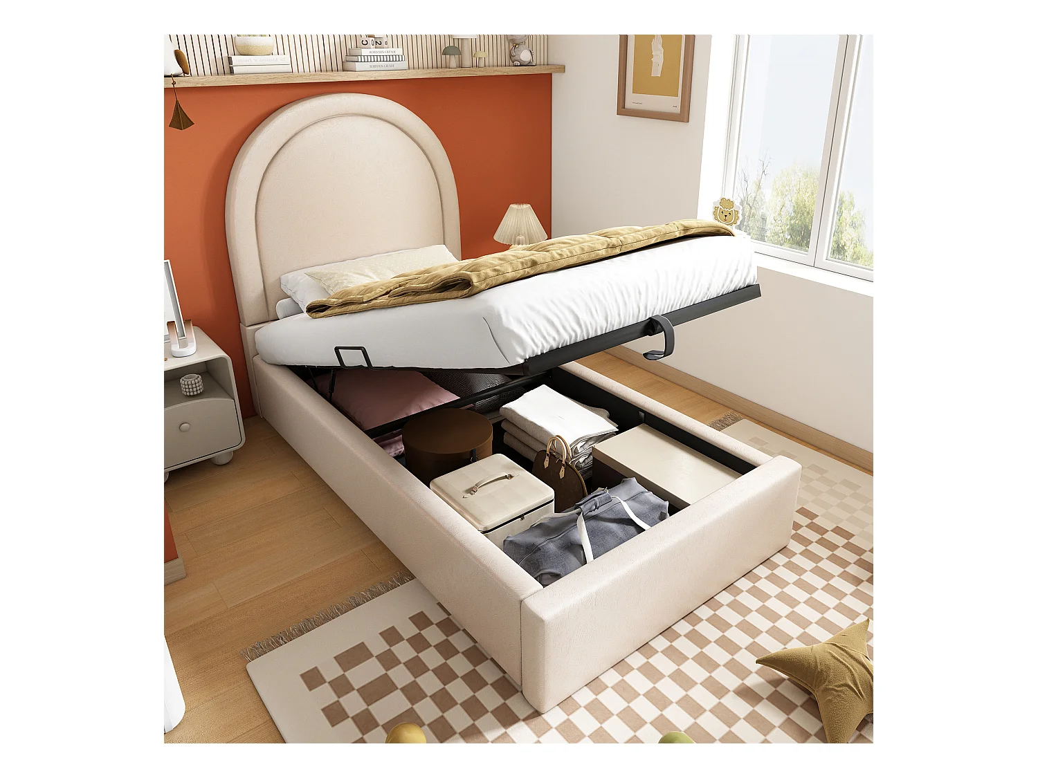 Lit coffre enfant 90x200cm avec Tête de lit en demi-cercle, PU beige, sans matelas