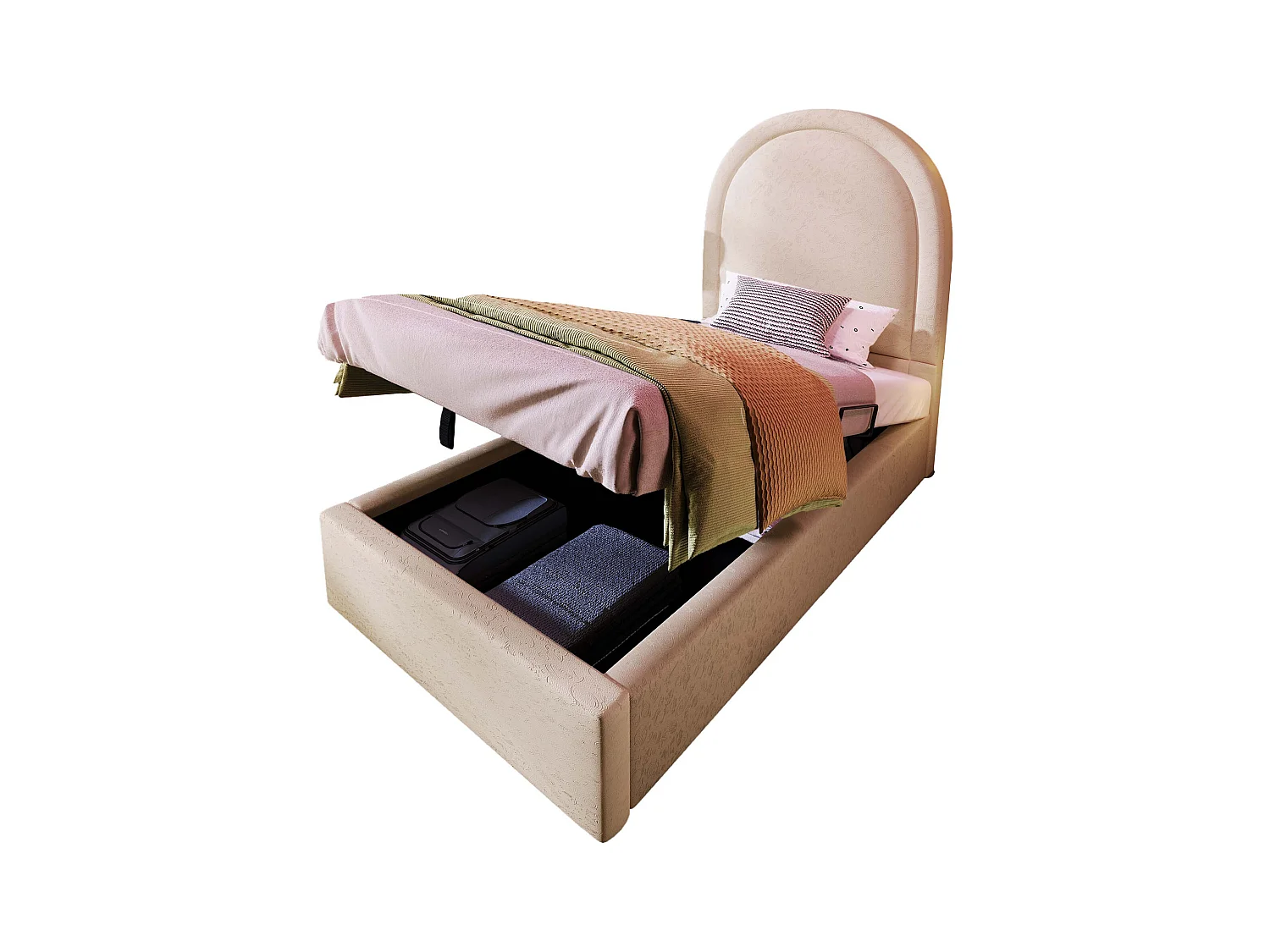 Lit coffre enfant 90x200cm avec Tête de lit en demi-cercle, PU beige, sans matelas