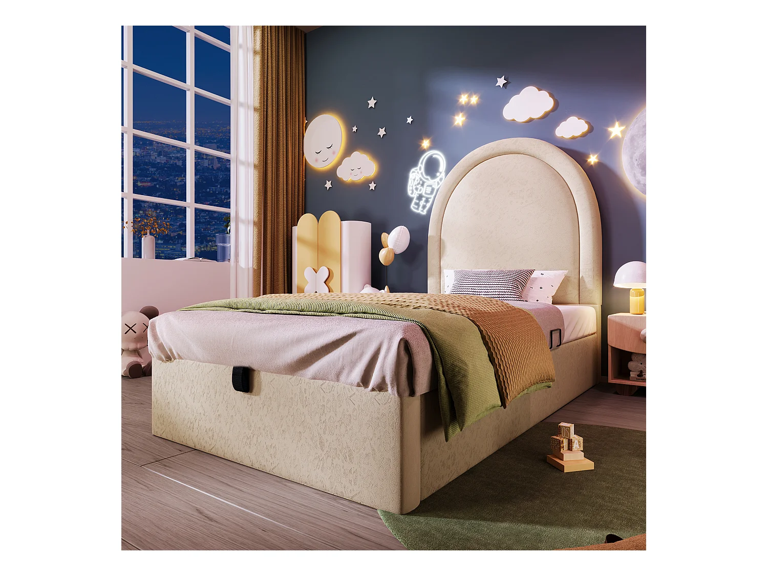 Lit coffre enfant 90x200cm avec Tête de lit en demi-cercle, PU beige, sans matelas