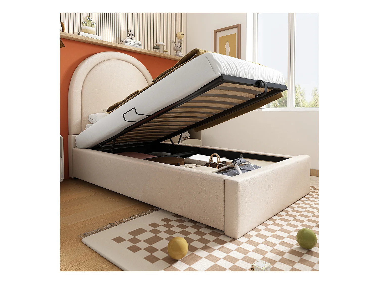 Lit coffre enfant 90x200cm avec Tête de lit en demi-cercle, PU beige, sans matelas