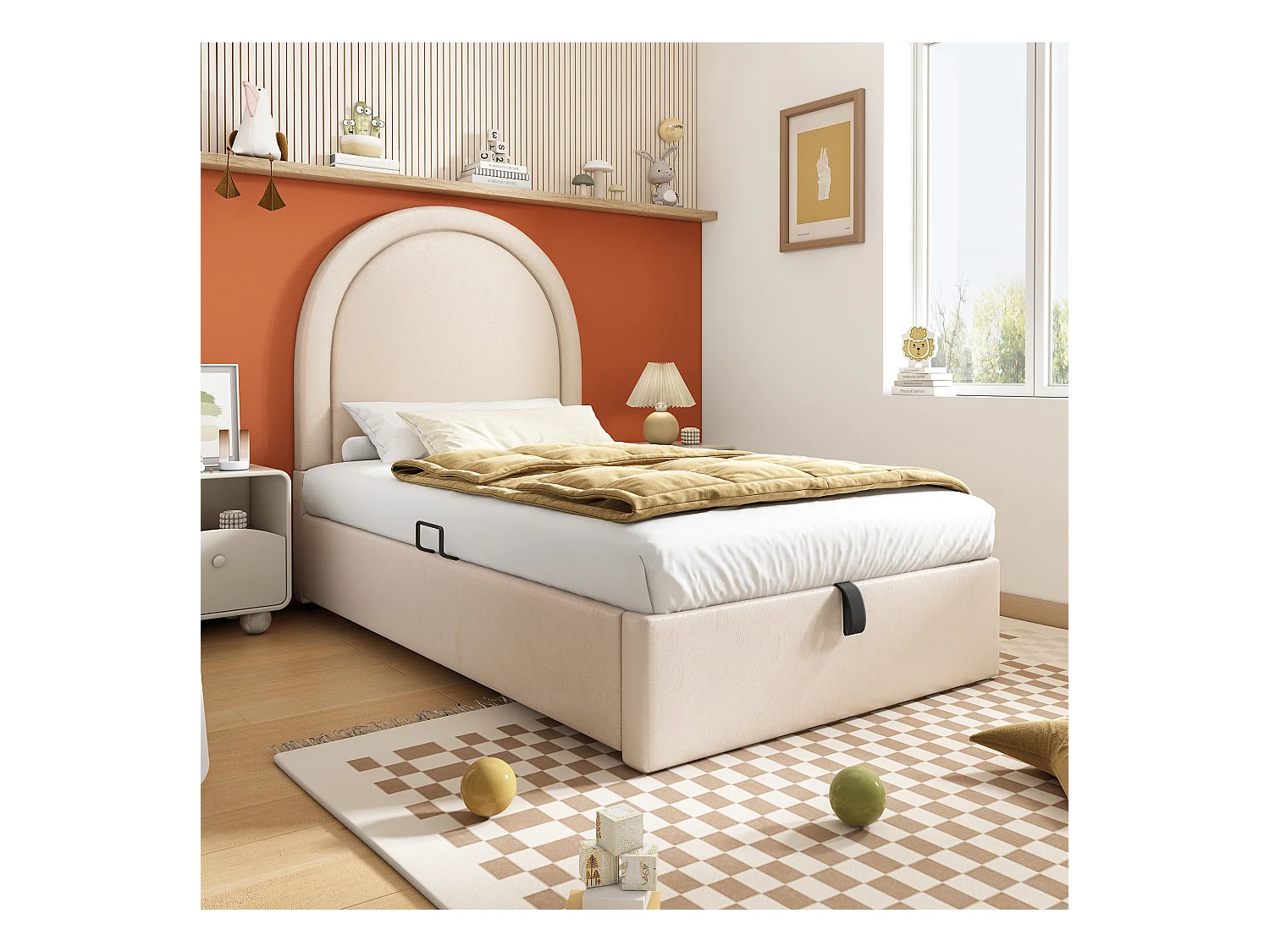 Lit coffre enfant 90x200cm avec Tête de lit en demi-cercle, PU beige, sans matelas