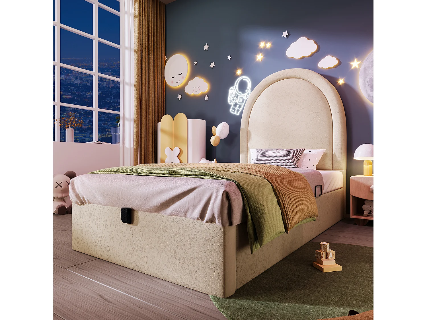 Lit coffre enfant 90x200cm avec Tête de lit en demi-cercle, PU beige, sans matelas