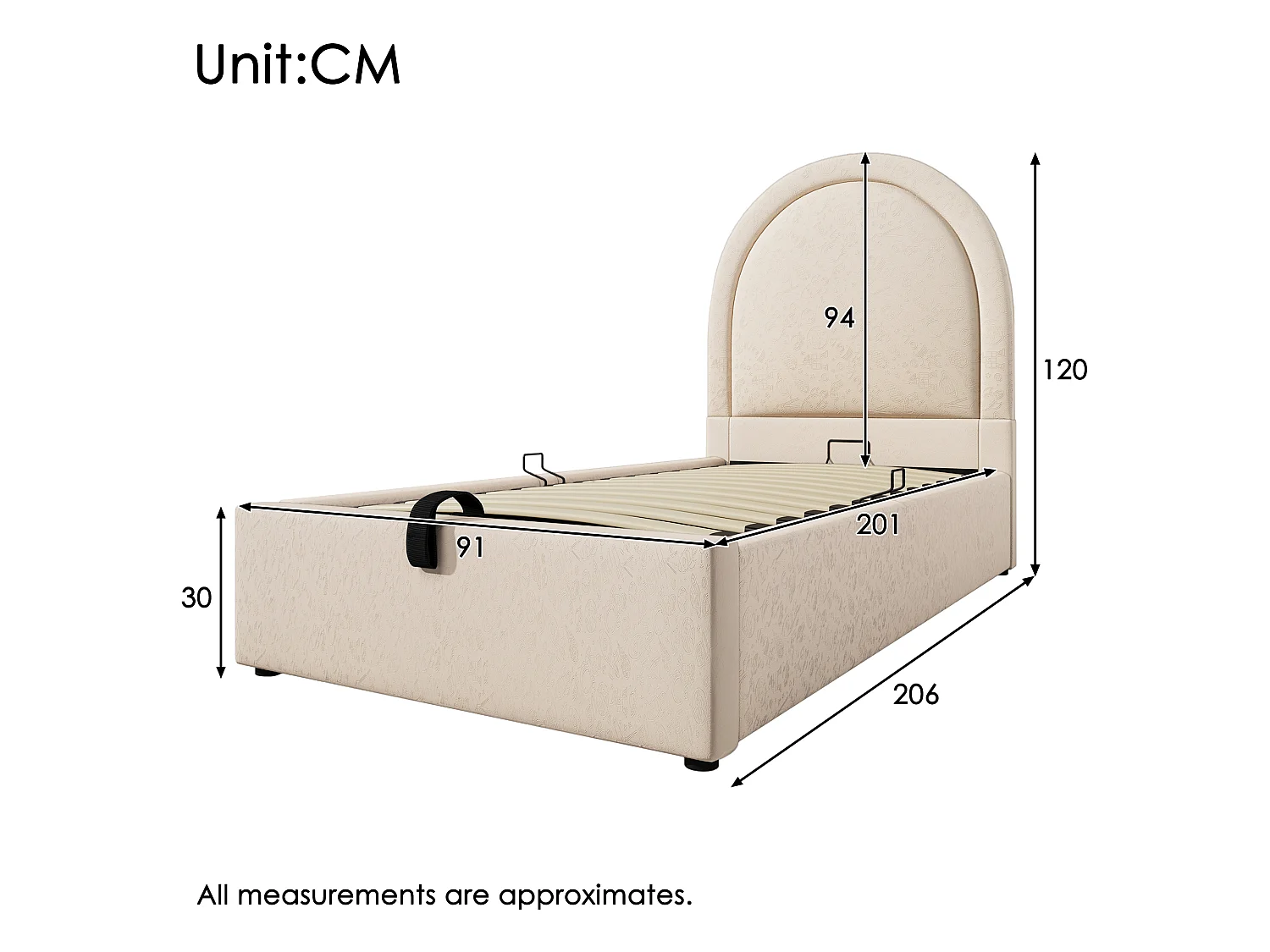 Lit coffre enfant 90x200cm avec Tête de lit en demi-cercle, PU beige, sans matelas