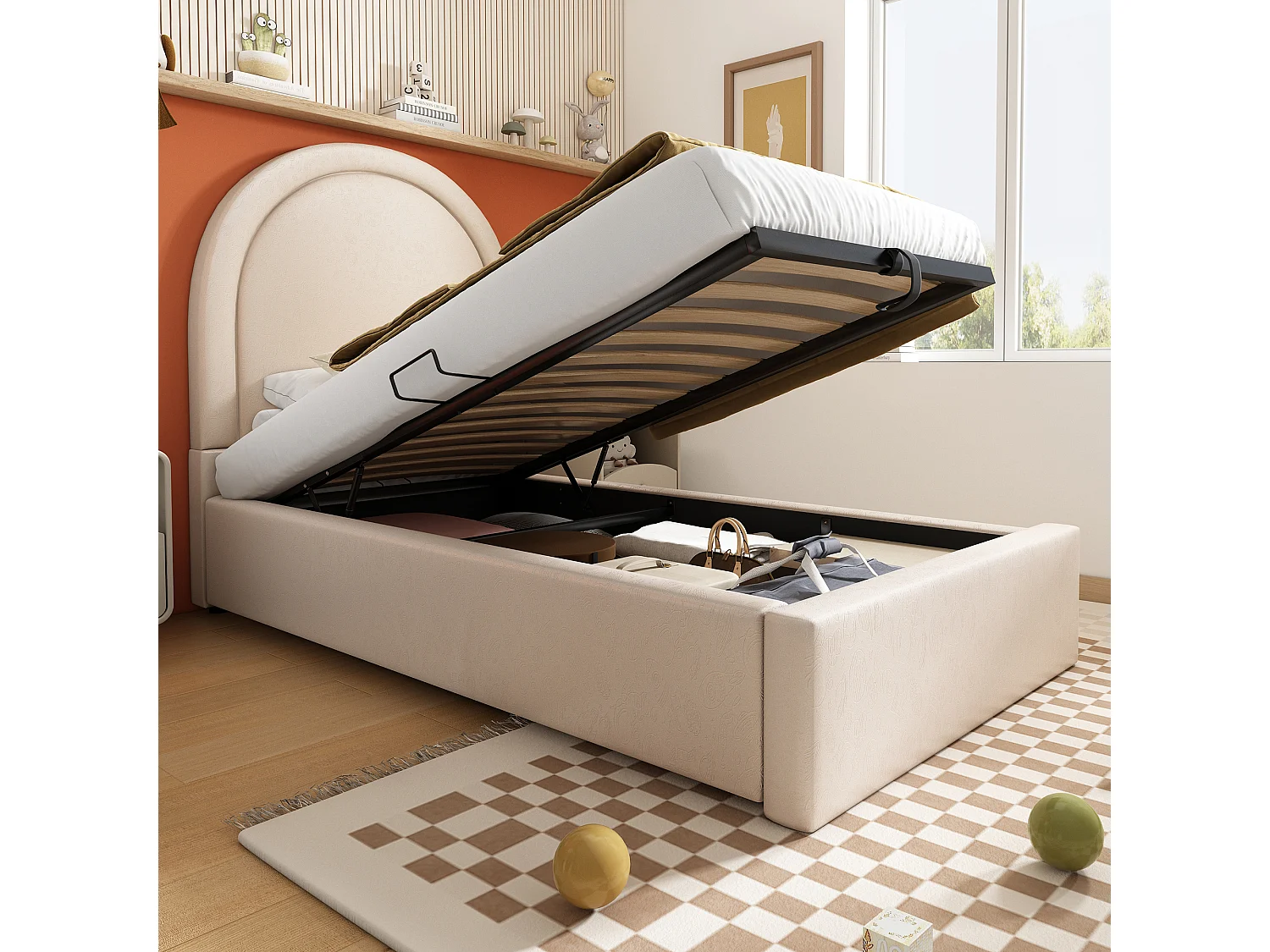 Lit coffre enfant 90x200cm avec Tête de lit en demi-cercle, PU beige, sans matelas