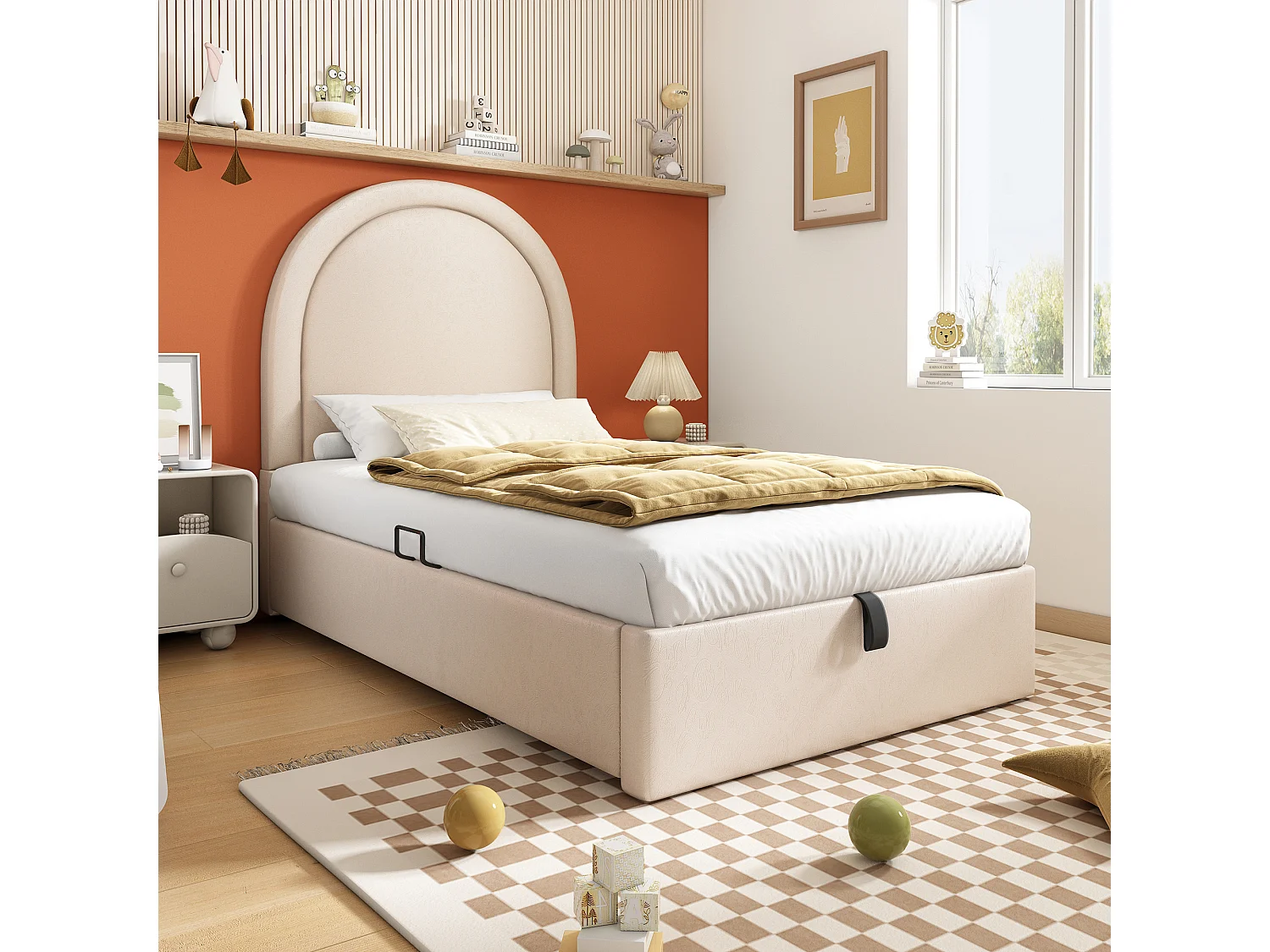Lit coffre enfant 90x200cm avec Tête de lit en demi-cercle, PU beige, sans matelas