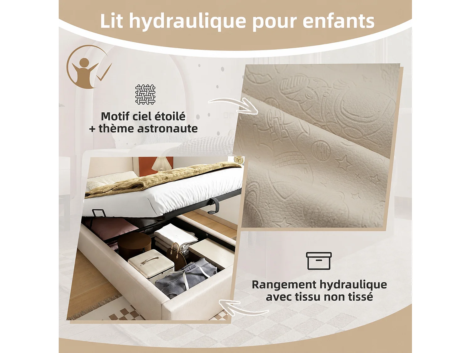 Lit coffre enfant 90x200cm avec Tête de lit en demi-cercle, PU beige, sans matelas