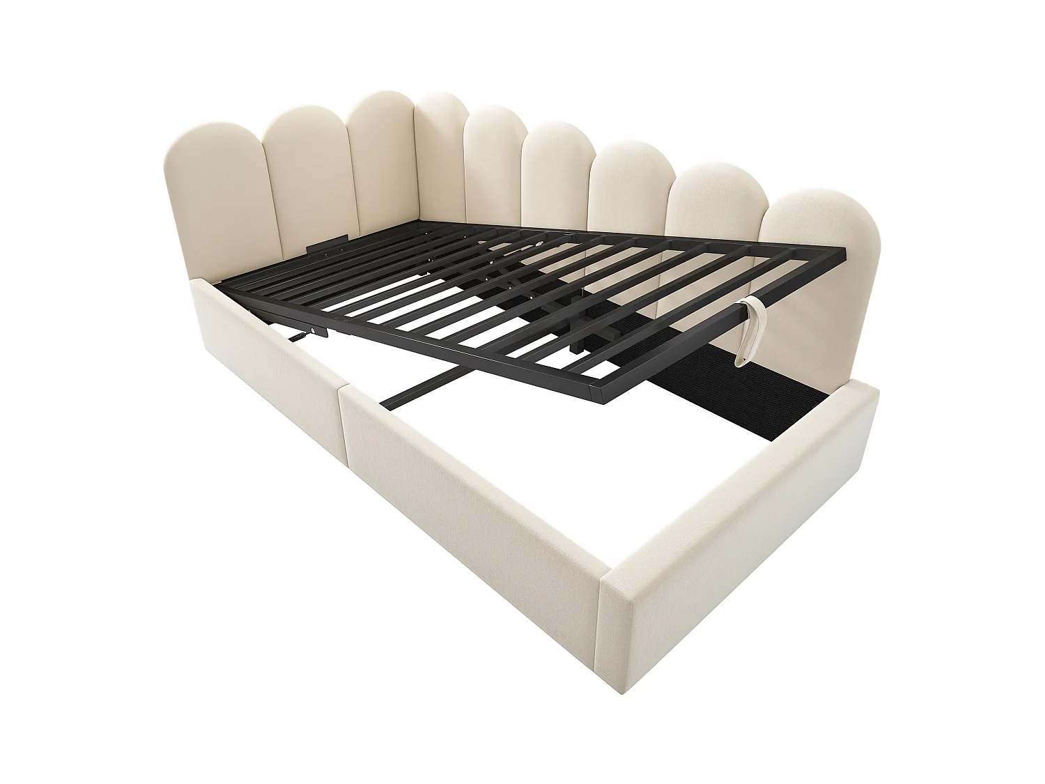 Opbergbed kind 90x200 cm, metalen frame, beige fluwelen bekleding, zonder matras