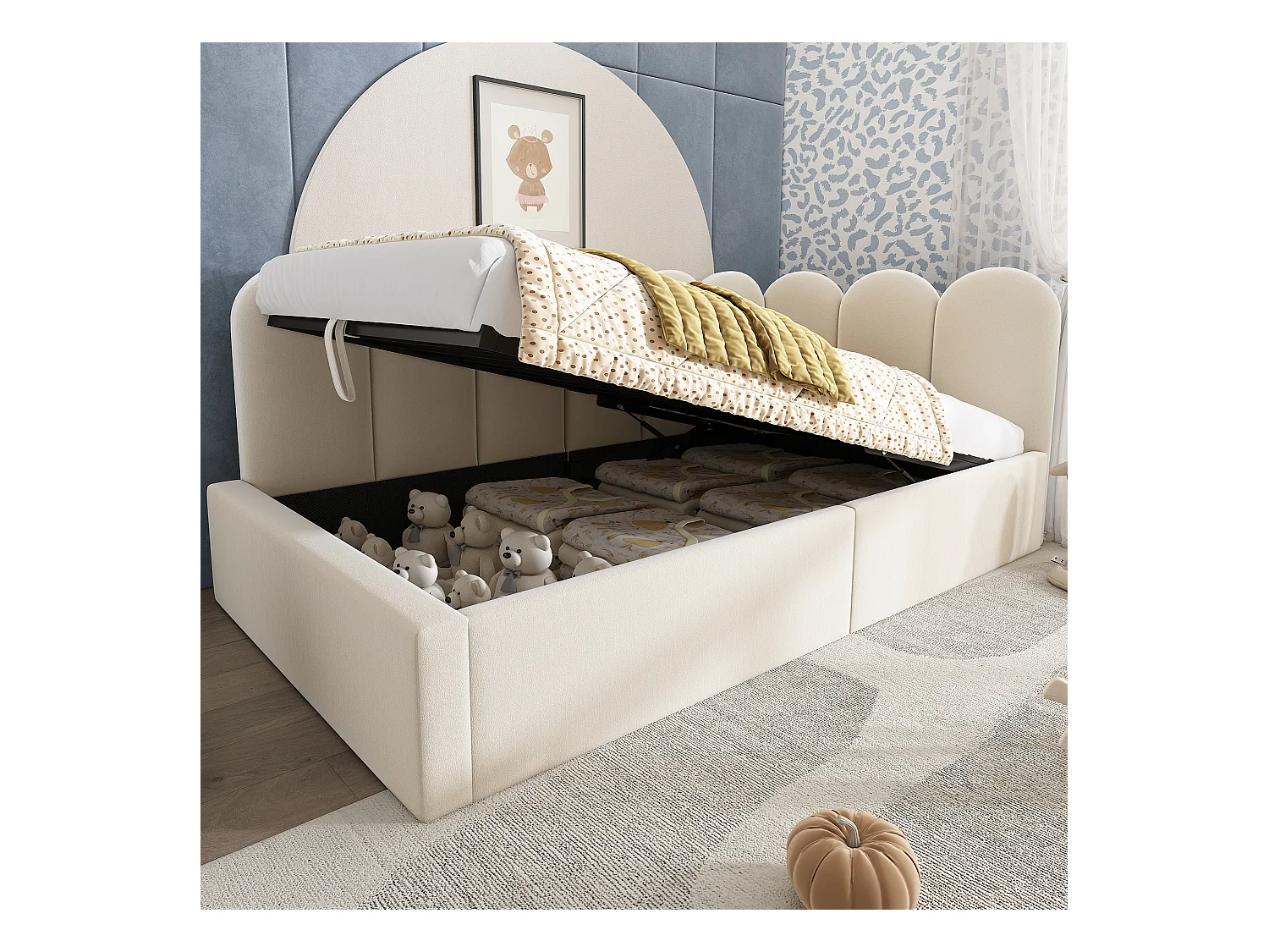 Opbergbed kind 90x200 cm, metalen frame, beige fluwelen bekleding, zonder matras