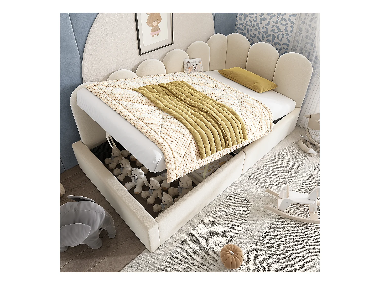 Opbergbed kind 90x200 cm, metalen frame, beige fluwelen bekleding, zonder matras