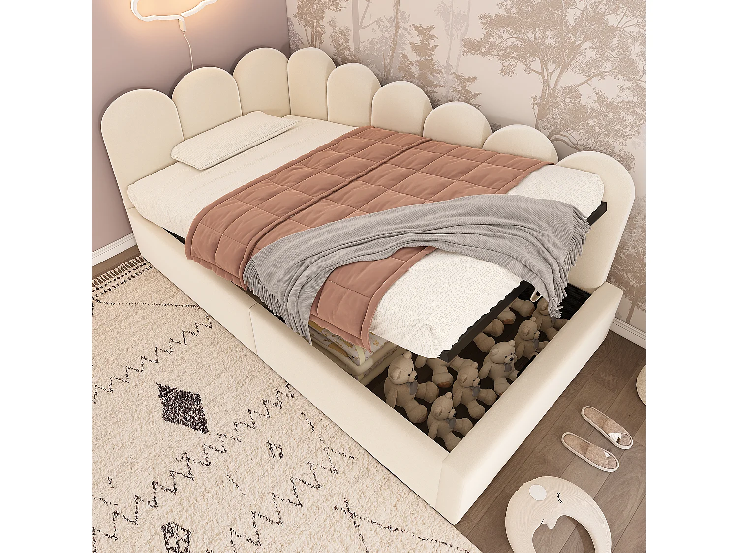 Lit coffre enfant 90x200cm, cadre en Métal, revêtement en velours beige, sans matelas