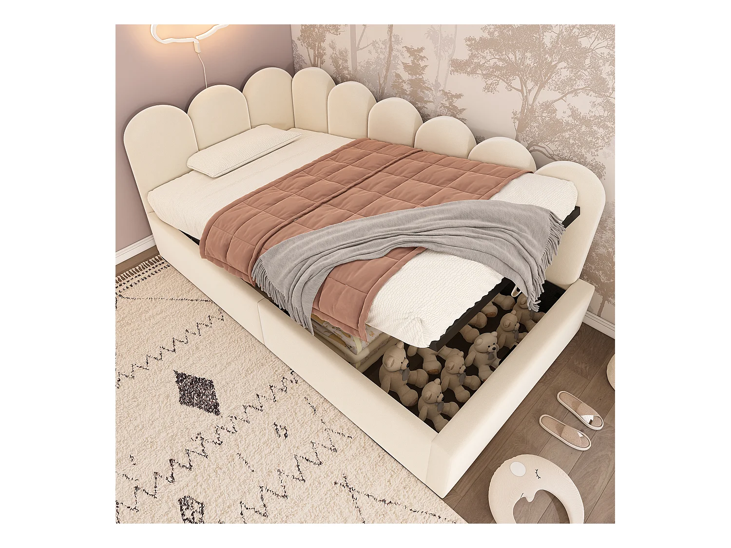 Lit coffre enfant 90x190cm, cadre en Métal, revêtement en velours beige, sans matelas