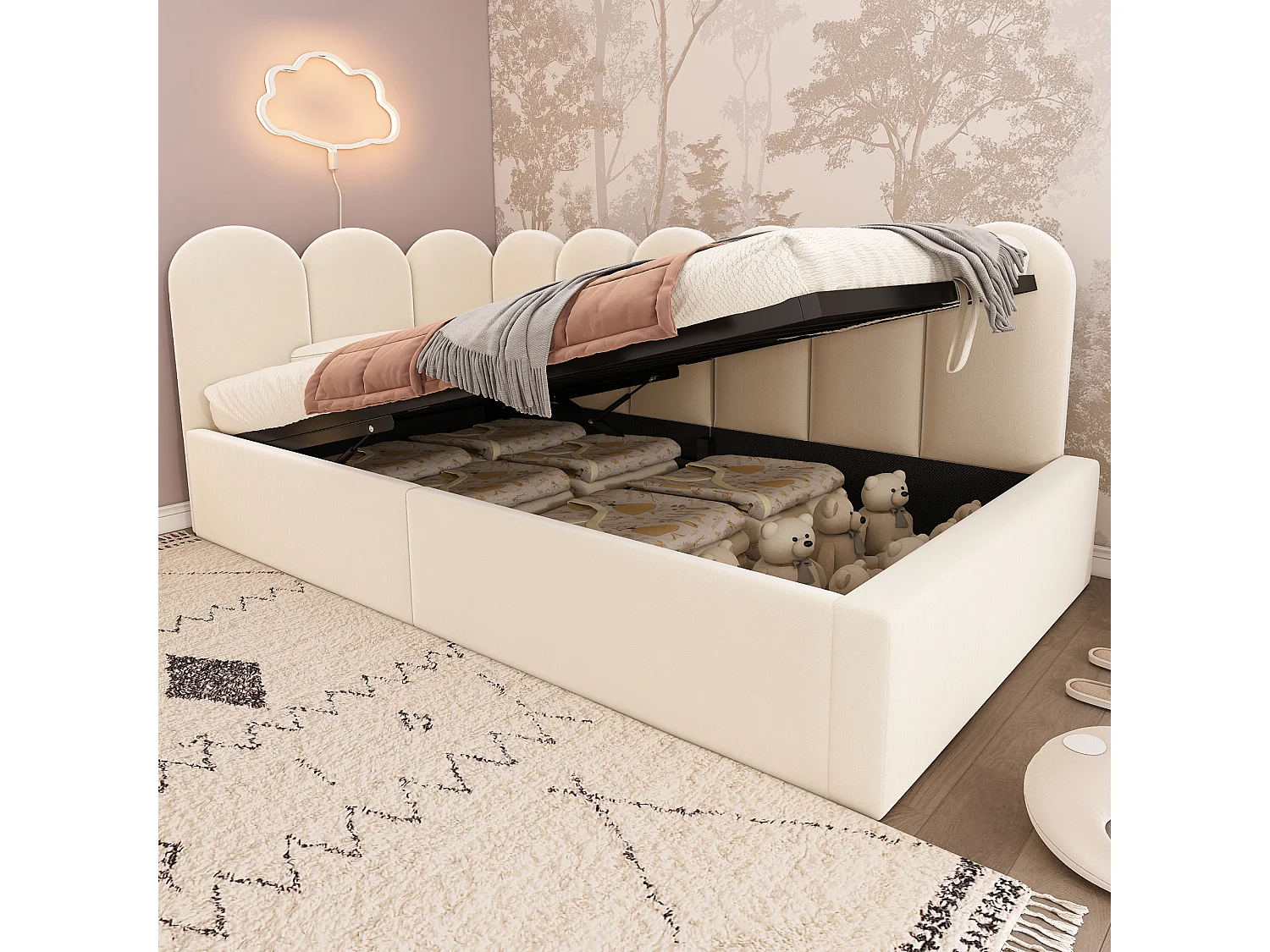 Lit coffre enfant 90x190cm, cadre en Métal, revêtement en velours beige, sans matelas
