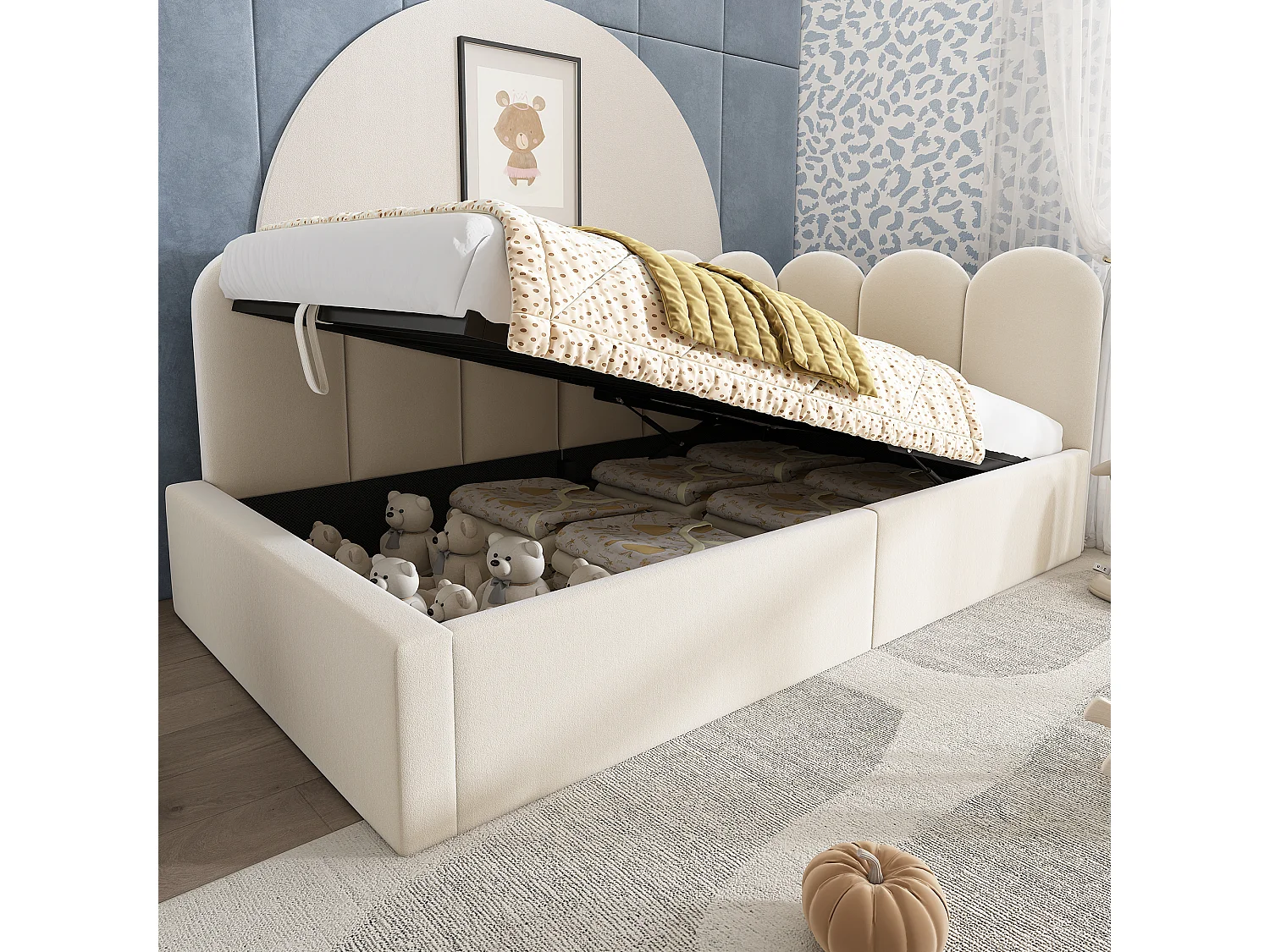 Lit coffre enfant 90x190cm, cadre en Métal, revêtement en velours beige, sans matelas