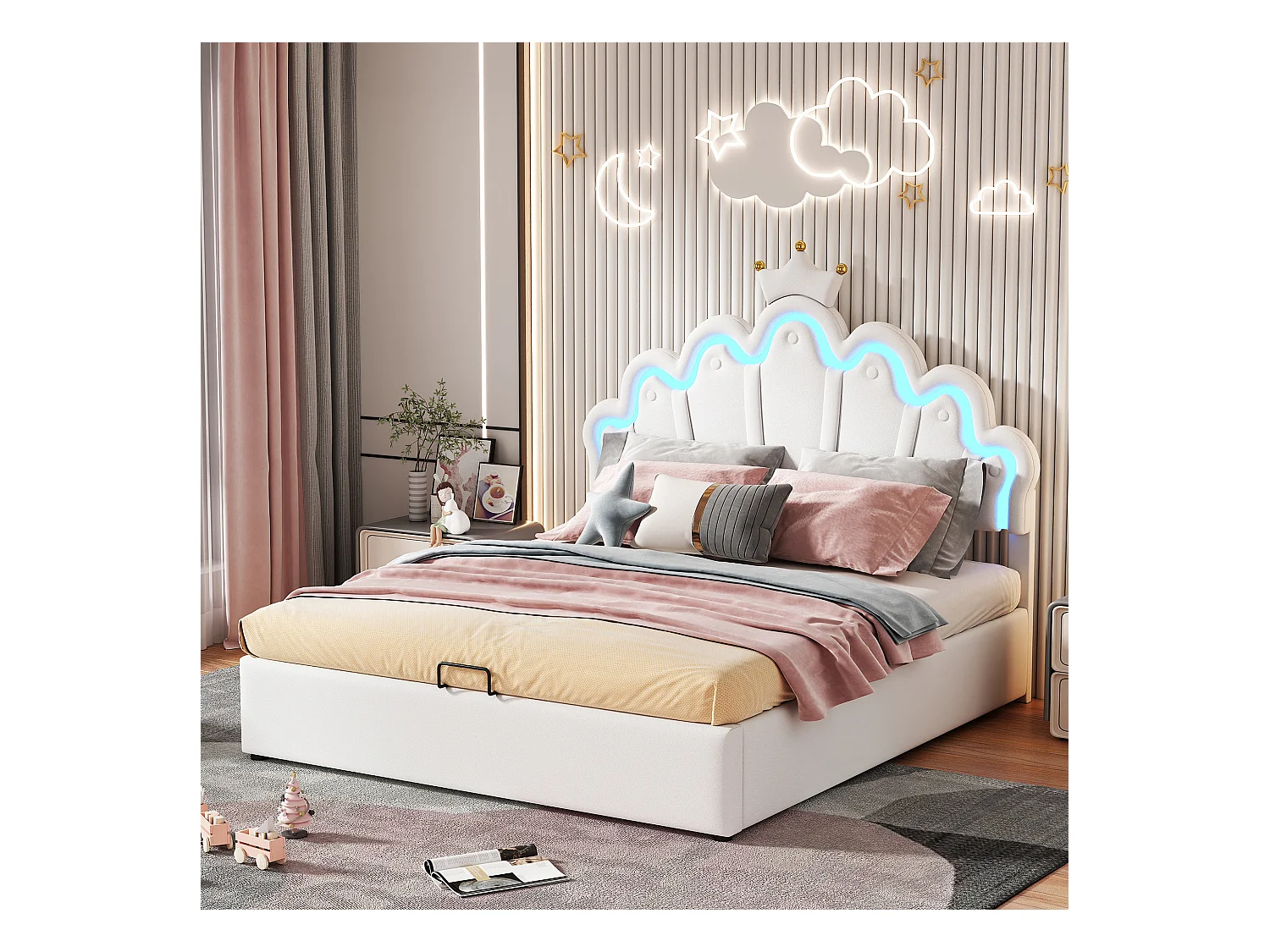 Lit coffre enfant 140x200cm avec LED et tête de lit en forme de couronne, lit princesse en PU blanc, sans matelas