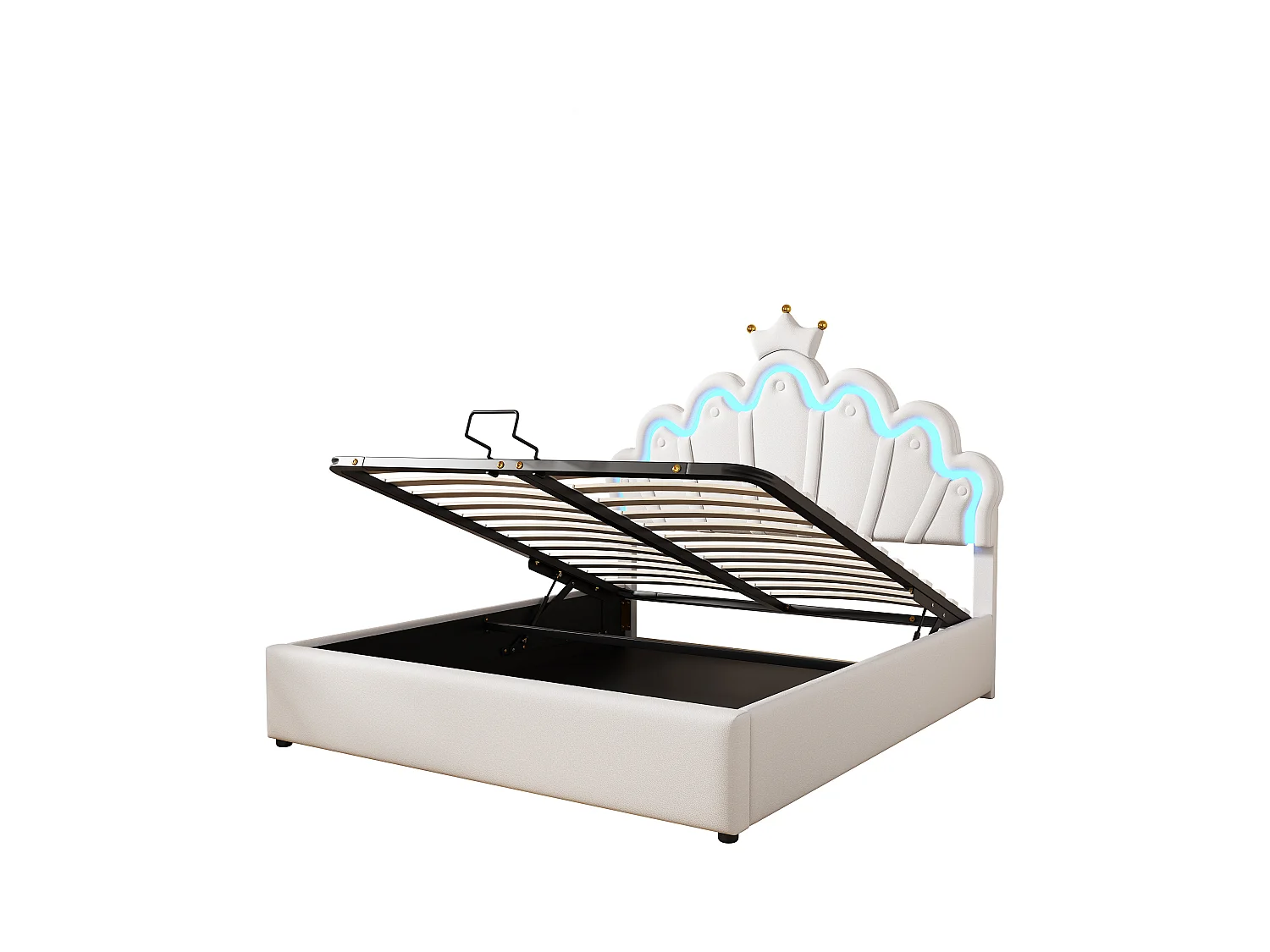 Lit coffre enfant 140x200cm avec LED et tête de lit en forme de couronne, lit princesse en PU blanc, sans matelas