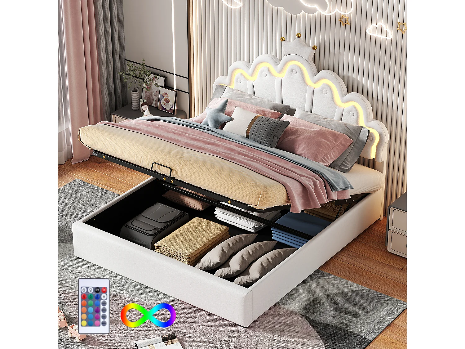 Lit coffre enfant 140x200cm avec LED et tête de lit en forme de couronne, lit princesse en PU blanc, sans matelas
