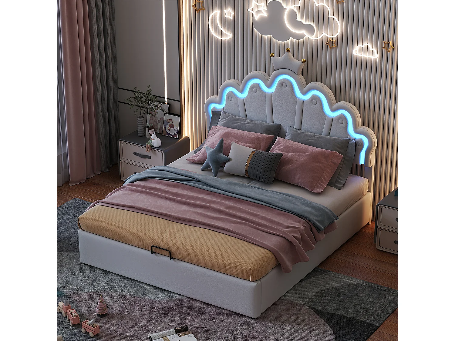 Lit coffre enfant 140x200cm avec LED et tête de lit en forme de couronne, lit princesse en PU blanc, sans matelas