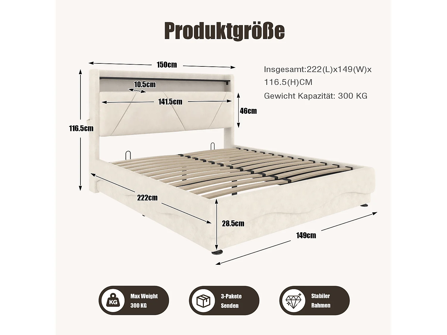 Lit coffre adulte 140x200 cm beige avec port USB et LED, velours, sommier à lattes, sans matelas