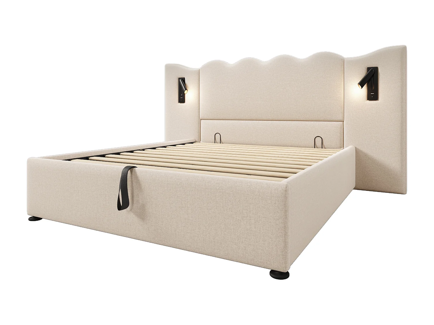 Cama com arrumação 160x200 cm com 2 luzes de leitura e USB, linho bege, sem colchão