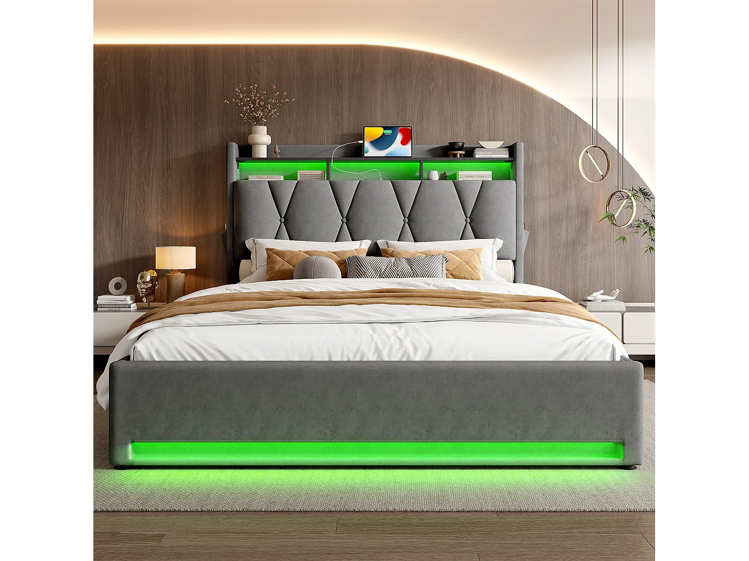 Cama baú adulto 140x200 cm cinza com porta USB e LED, veludo, estrado ripado, sem colchão