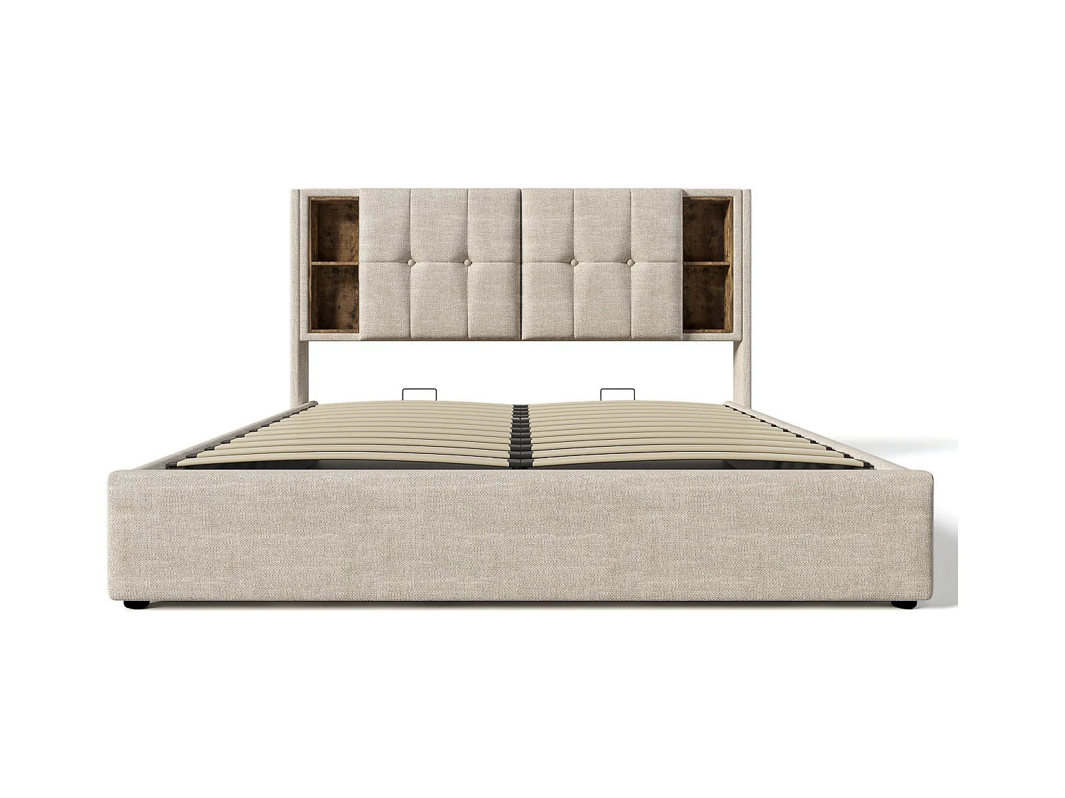 Lit coffre adulte 180x200 cm avec chargement sans fil et USB type-C, lin naturel, sans matelas
