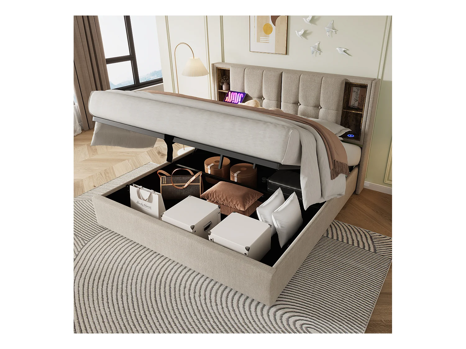 Lit coffre adulte 180x200 cm avec chargement sans fil et USB type-C, lin naturel, sans matelas