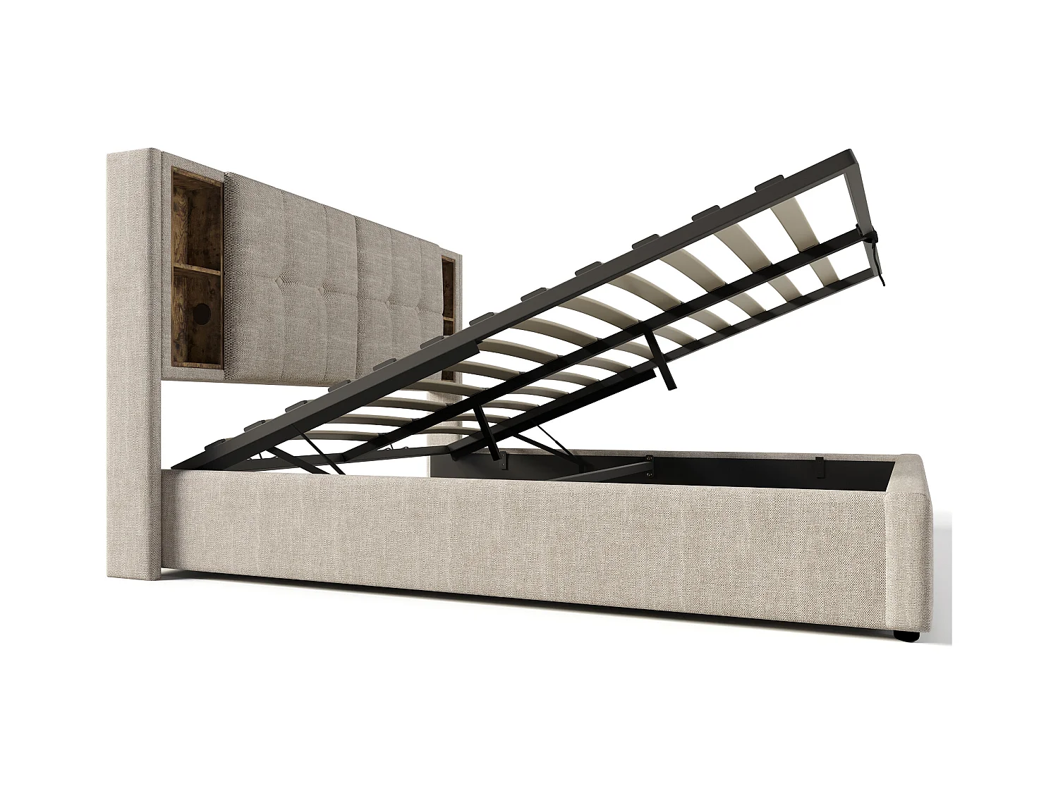 Lit coffre adulte 180x200 cm avec chargement sans fil et USB type-C, lin naturel, sans matelas