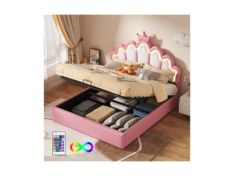 Lit coffre enfant 140x200cm avec LED et tête de lit en forme de couronne, lit princesse en PU rose, sans matelas